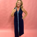 Everblue: Sleeveless Button-Up Midi Denim Dress