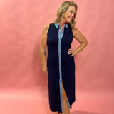 Everblue: Sleeveless Button-Up Midi Denim Dress