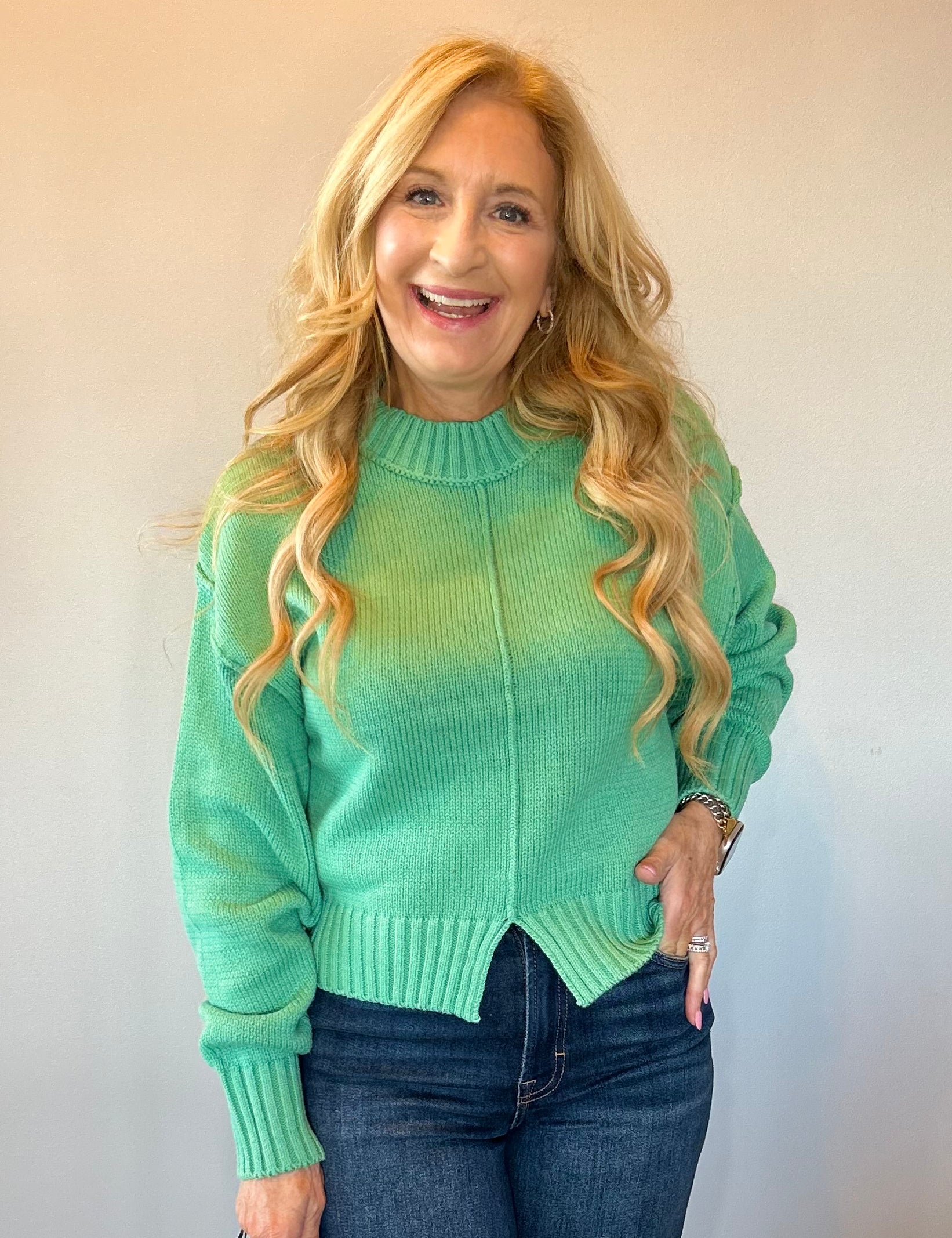 Everyday Charm Slit Hem Sweater in Emerald