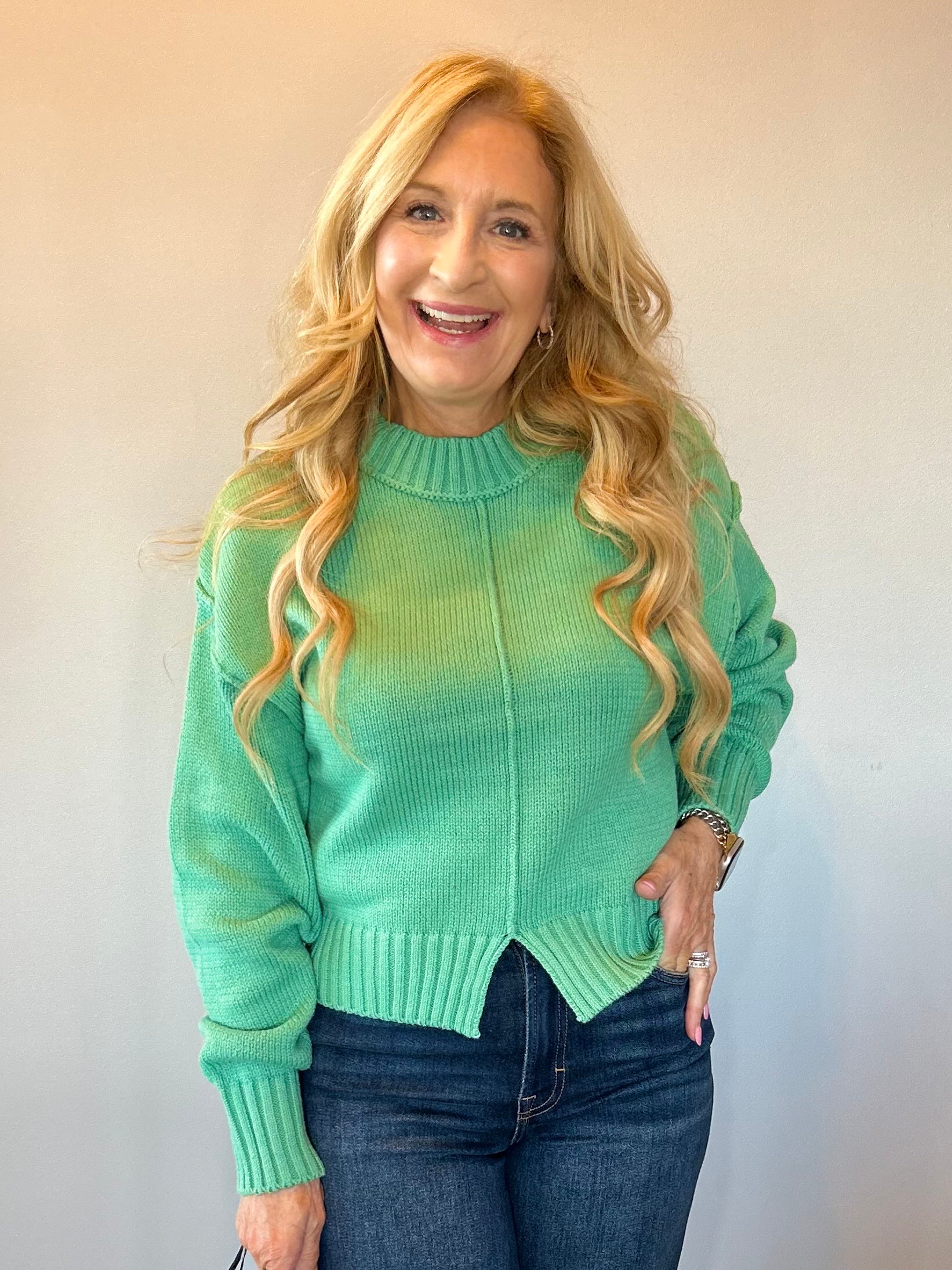 Everyday Charm Slit Hem Sweater in Emerald