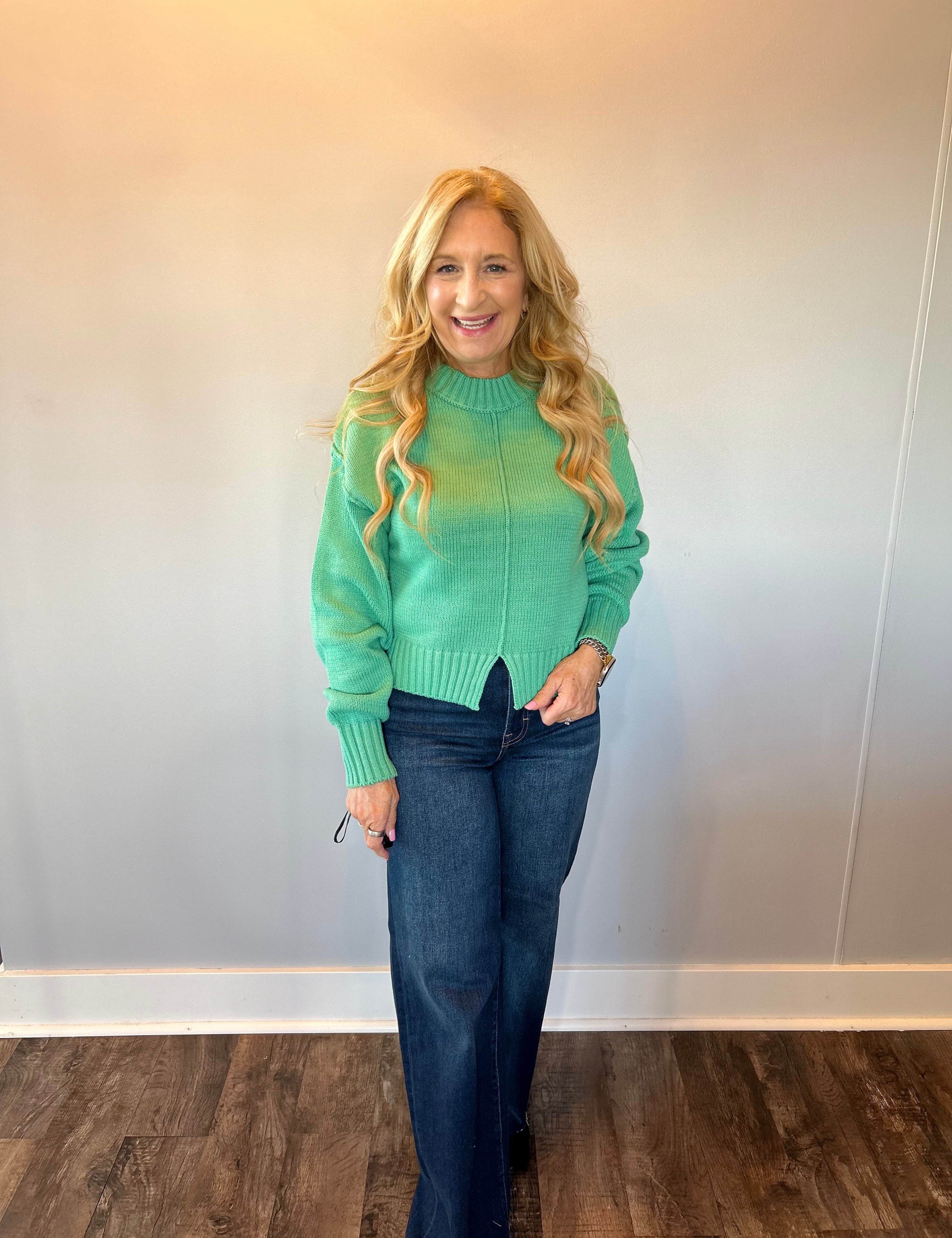 Everyday Charm Slit Hem Sweater in Emerald