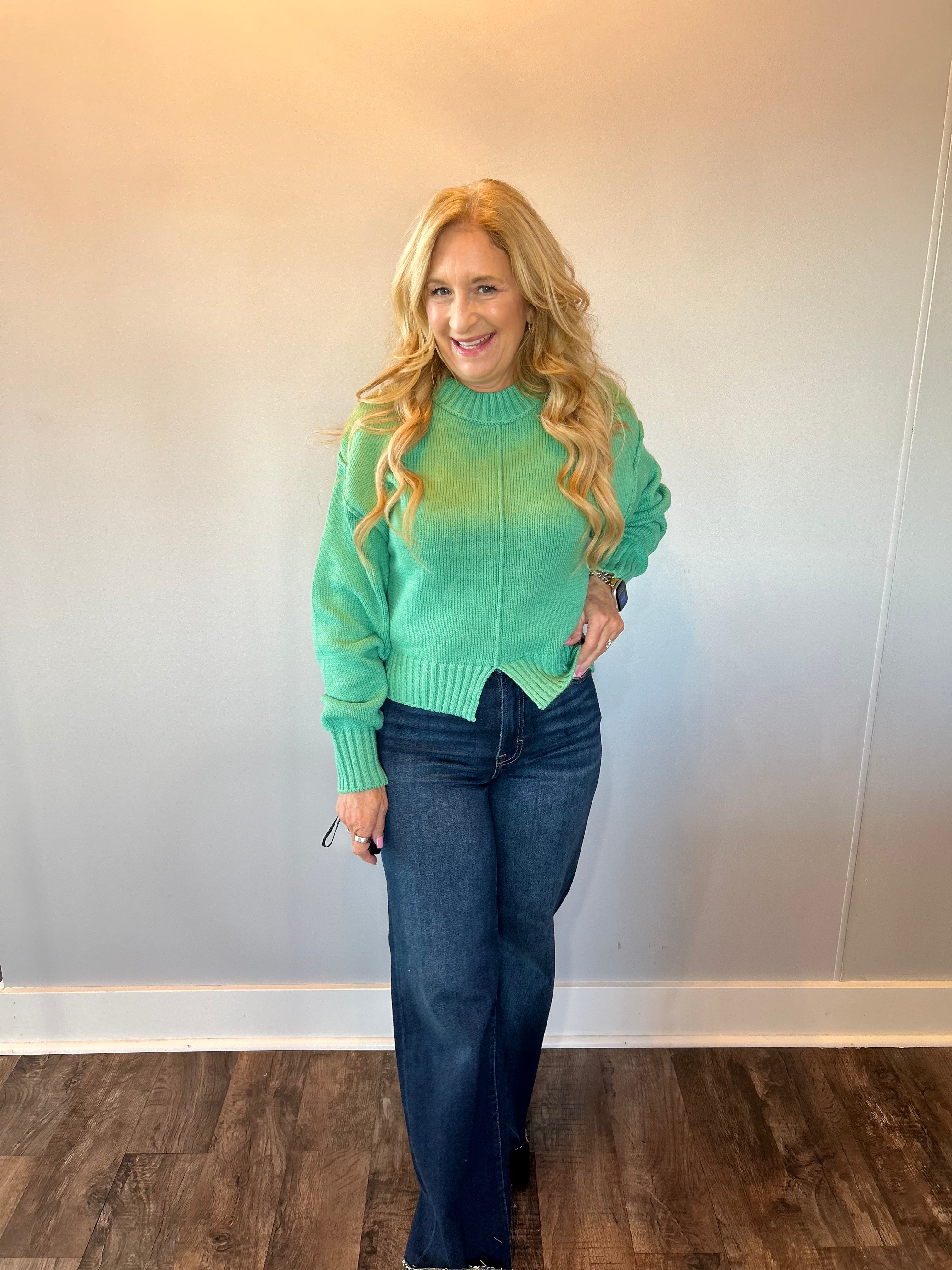 Everyday Charm Slit Hem Sweater in Emerald