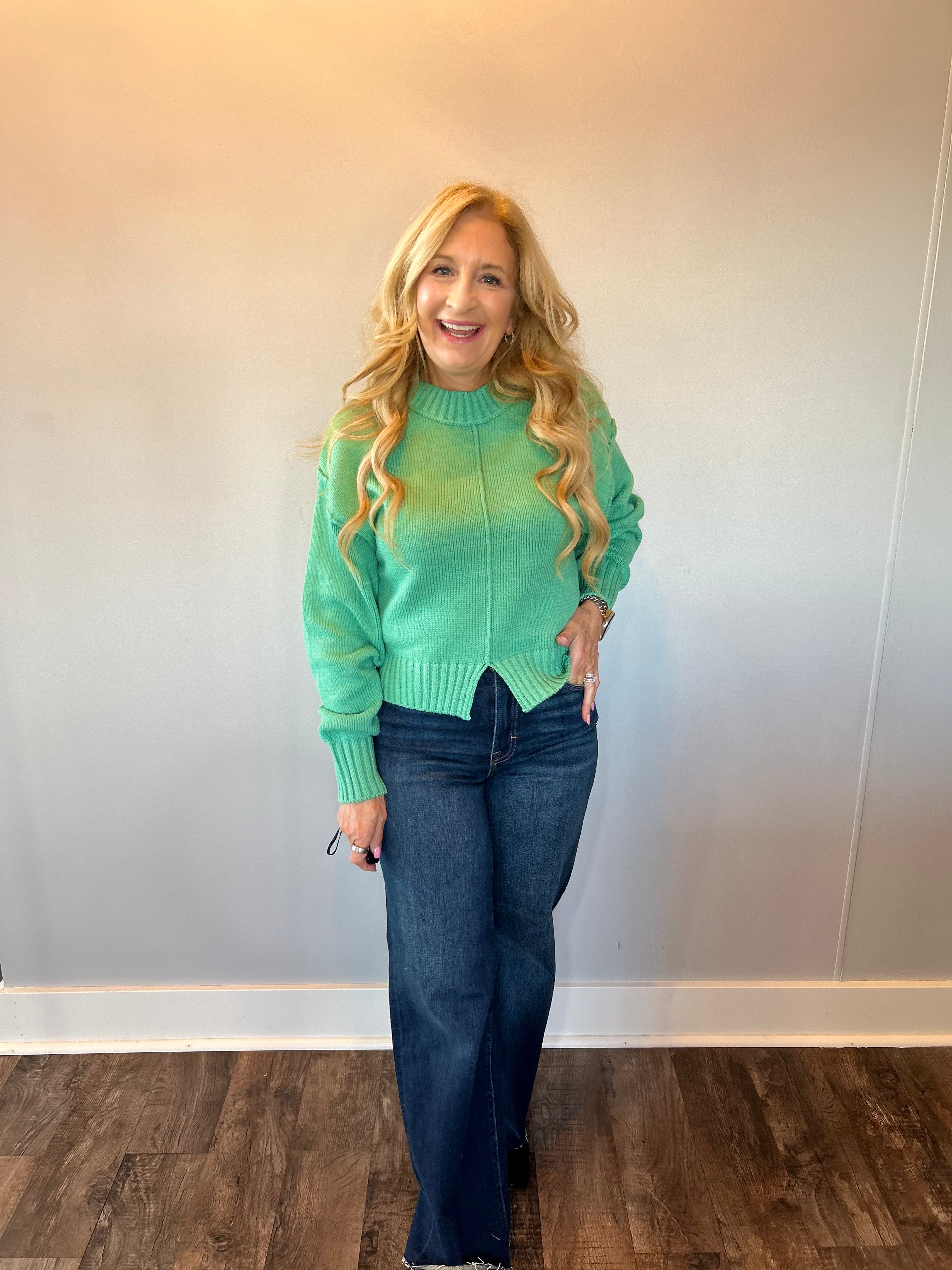 Everyday Charm Slit Hem Sweater in Emerald