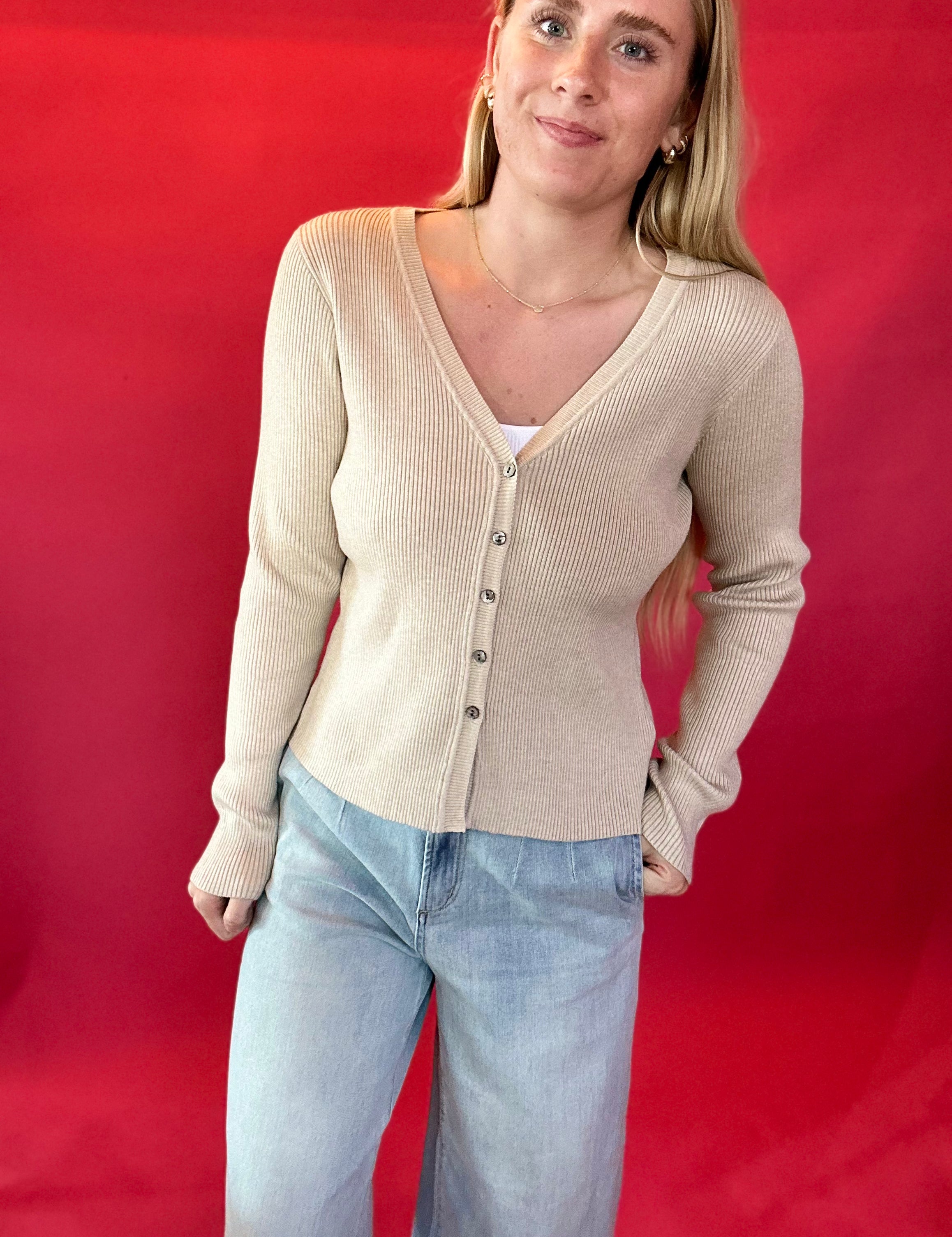 Everyday Cozy Ribbed Button Down in Oatmeal