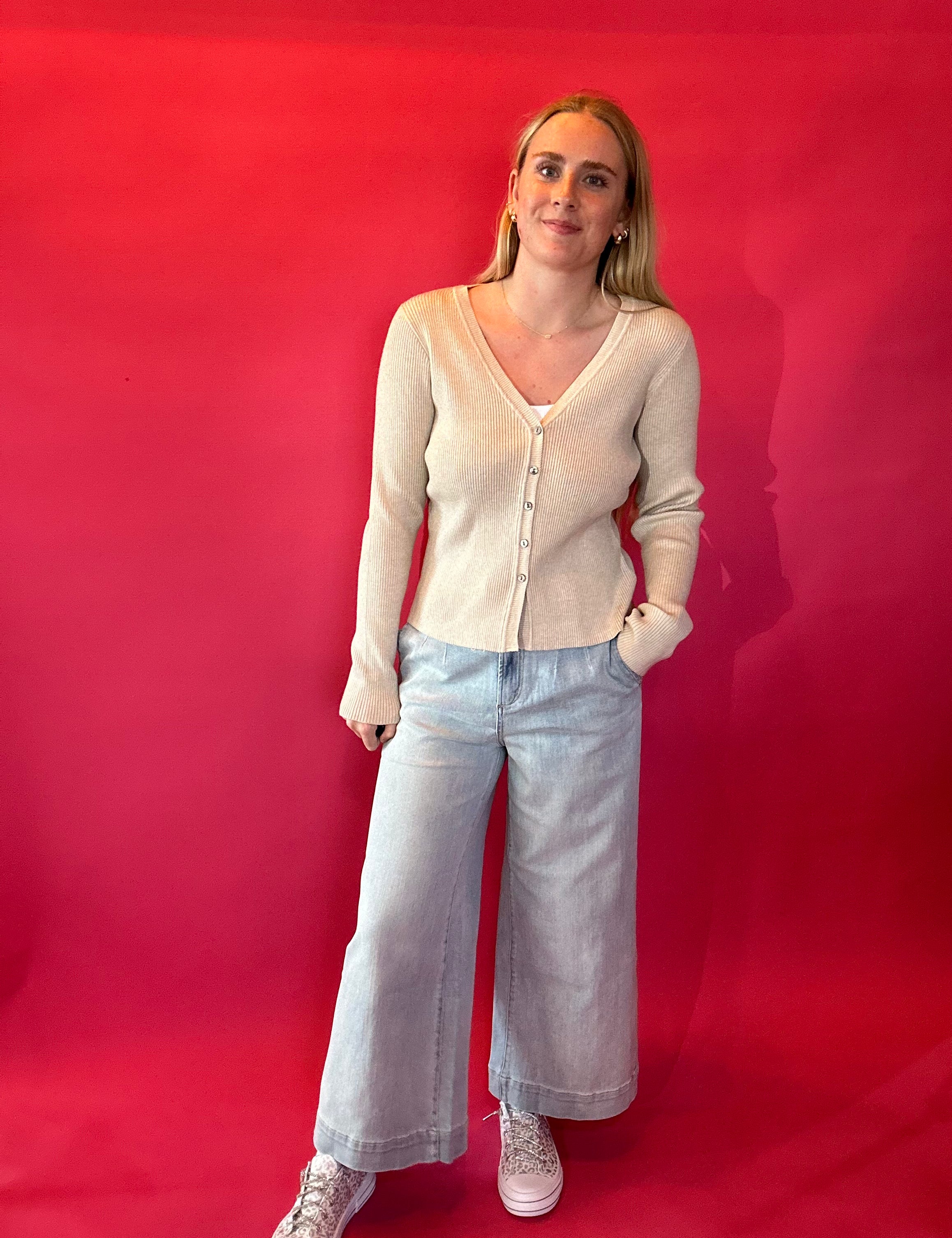 Everyday Cozy Ribbed Button Down in Oatmeal