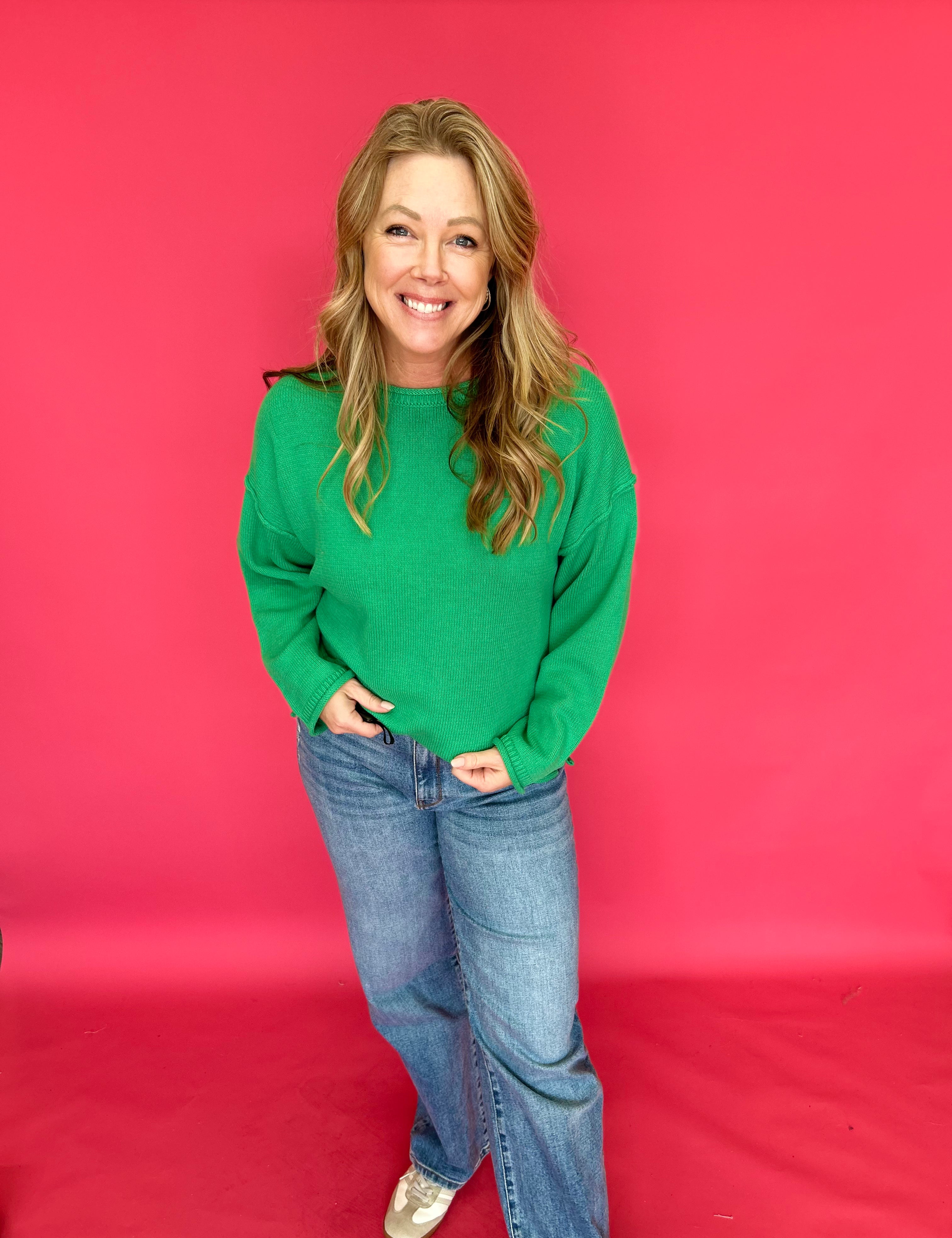 Everyday Ease Exposed Seam Sweater Top in Green - Shabby 2 Chic Boutiques