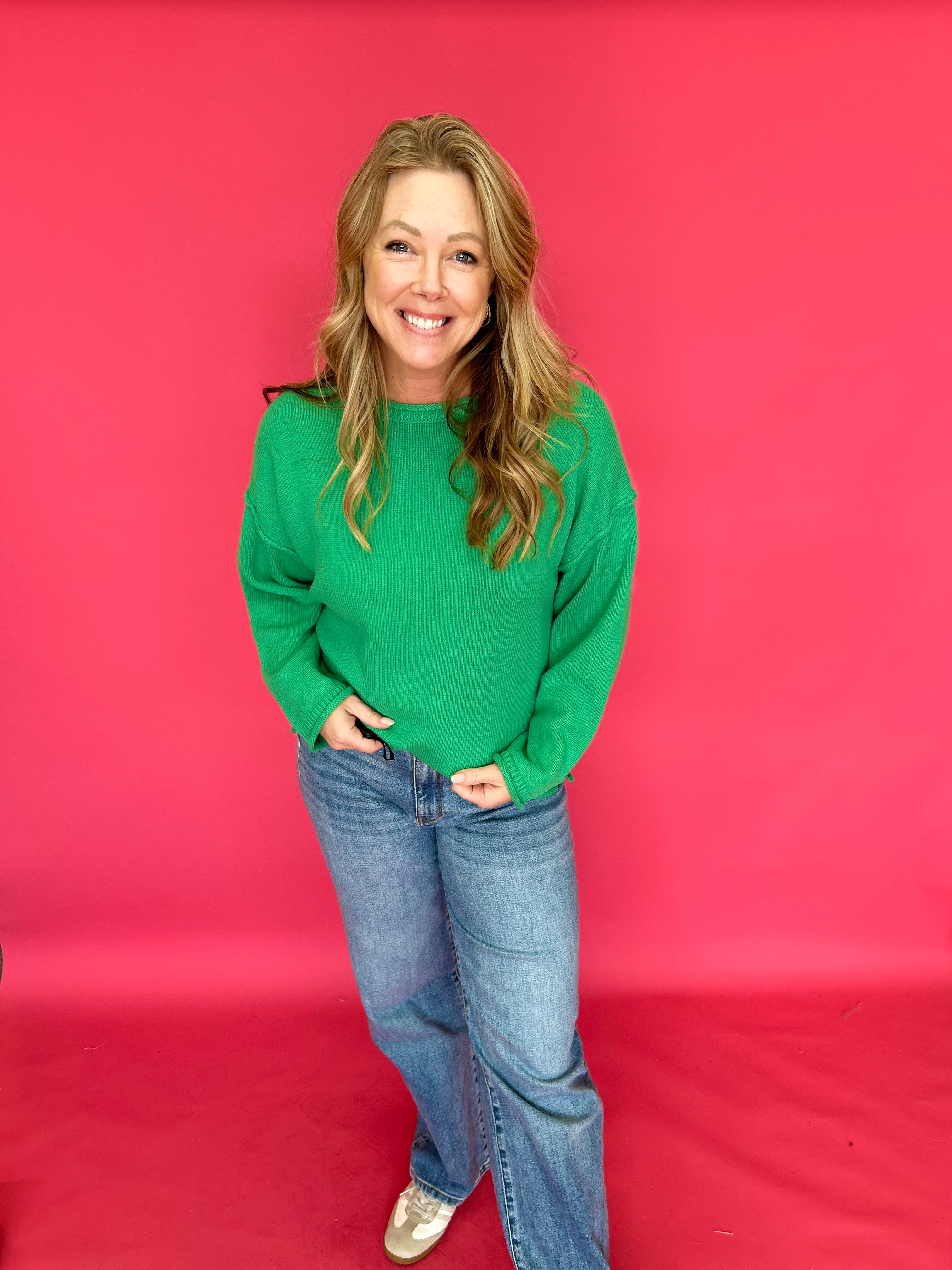 Everyday Ease Exposed Seam Sweater Top in Green - Shabby 2 Chic Boutiques