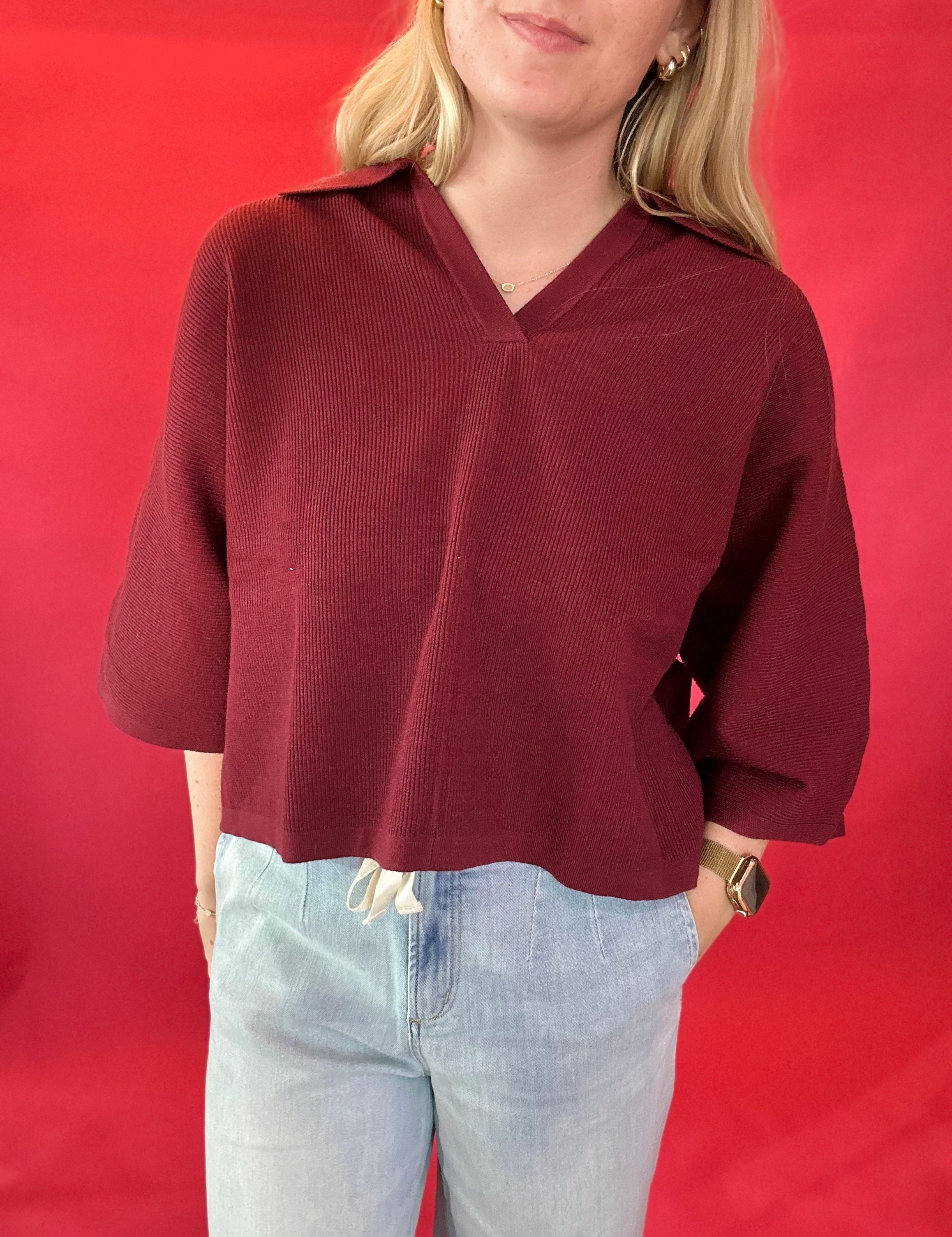 Everyday Ease V-Neck Knit Top in Burgundy