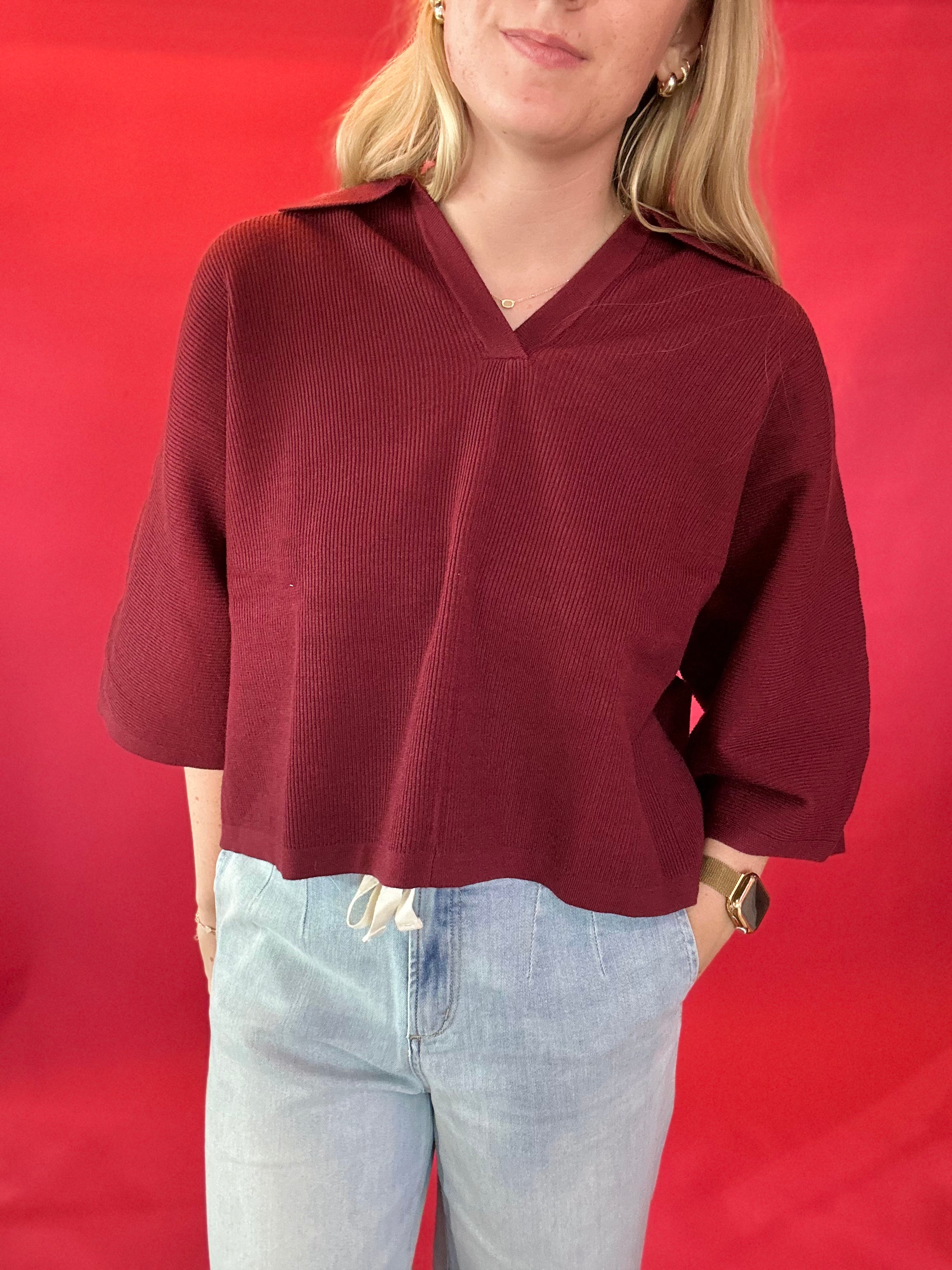 Everyday Ease V-Neck Knit Top in Burgundy