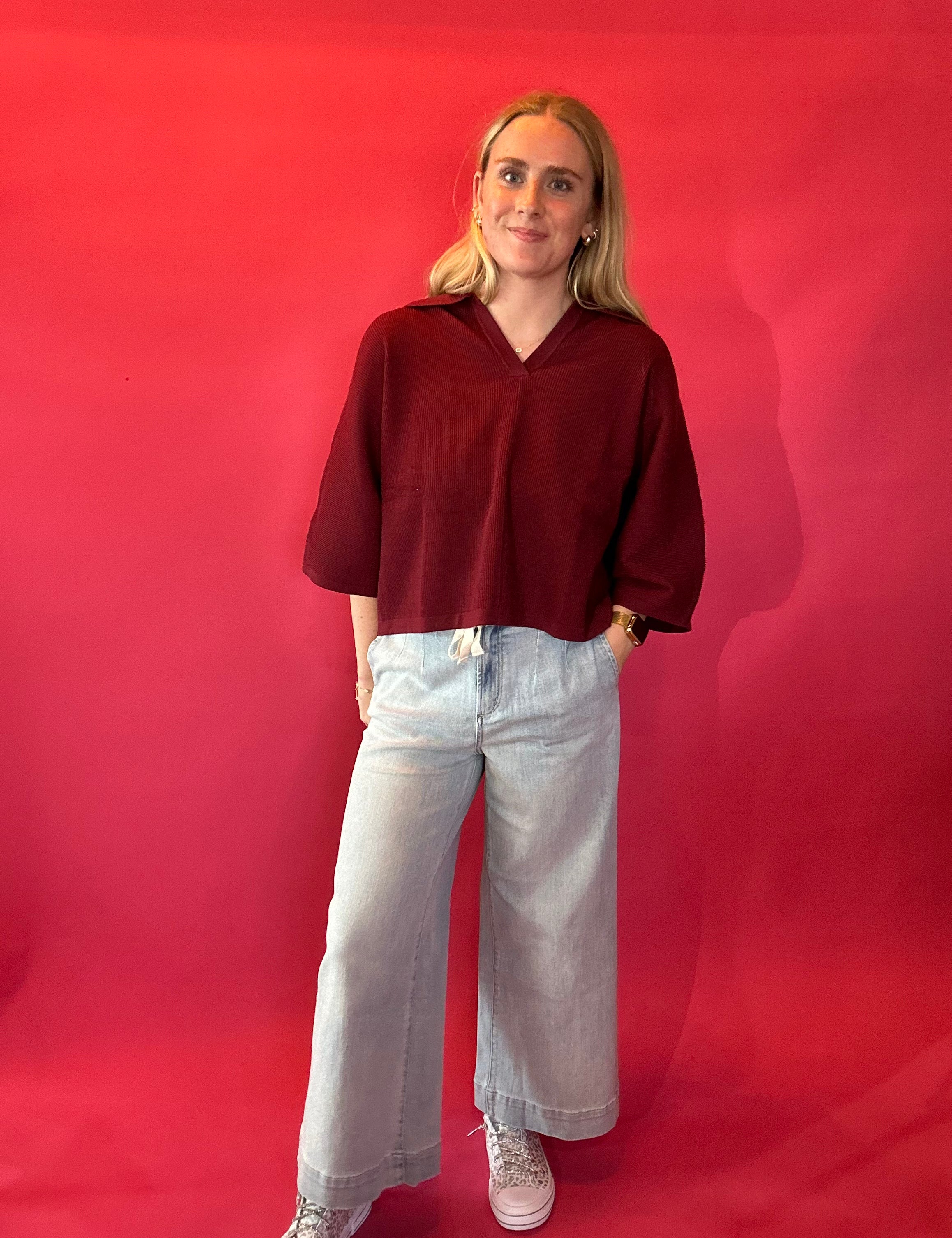 Everyday Ease V-Neck Knit Top in Burgundy