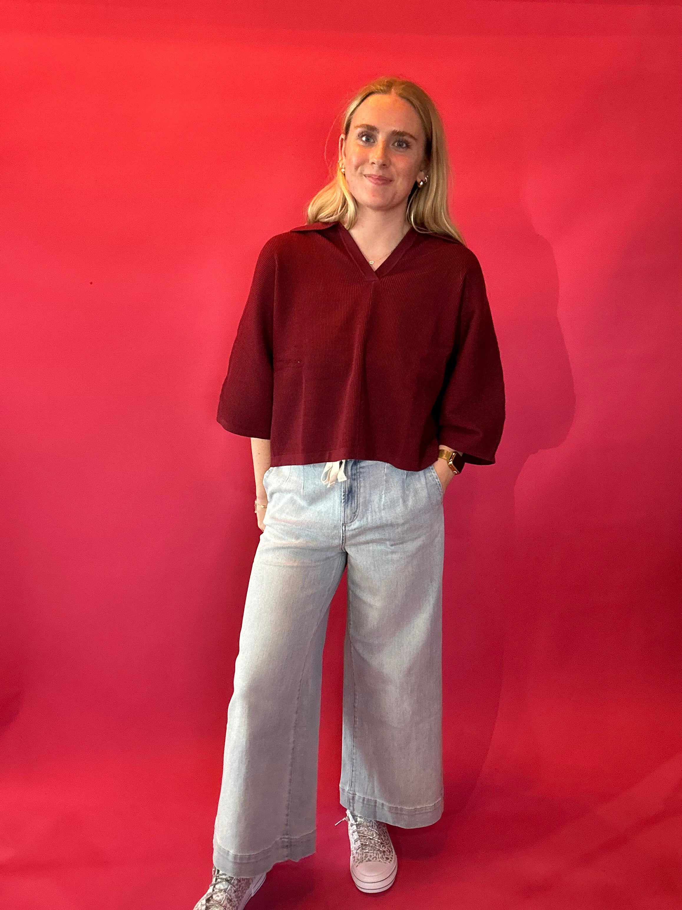 Everyday Ease V-Neck Knit Top in Burgundy