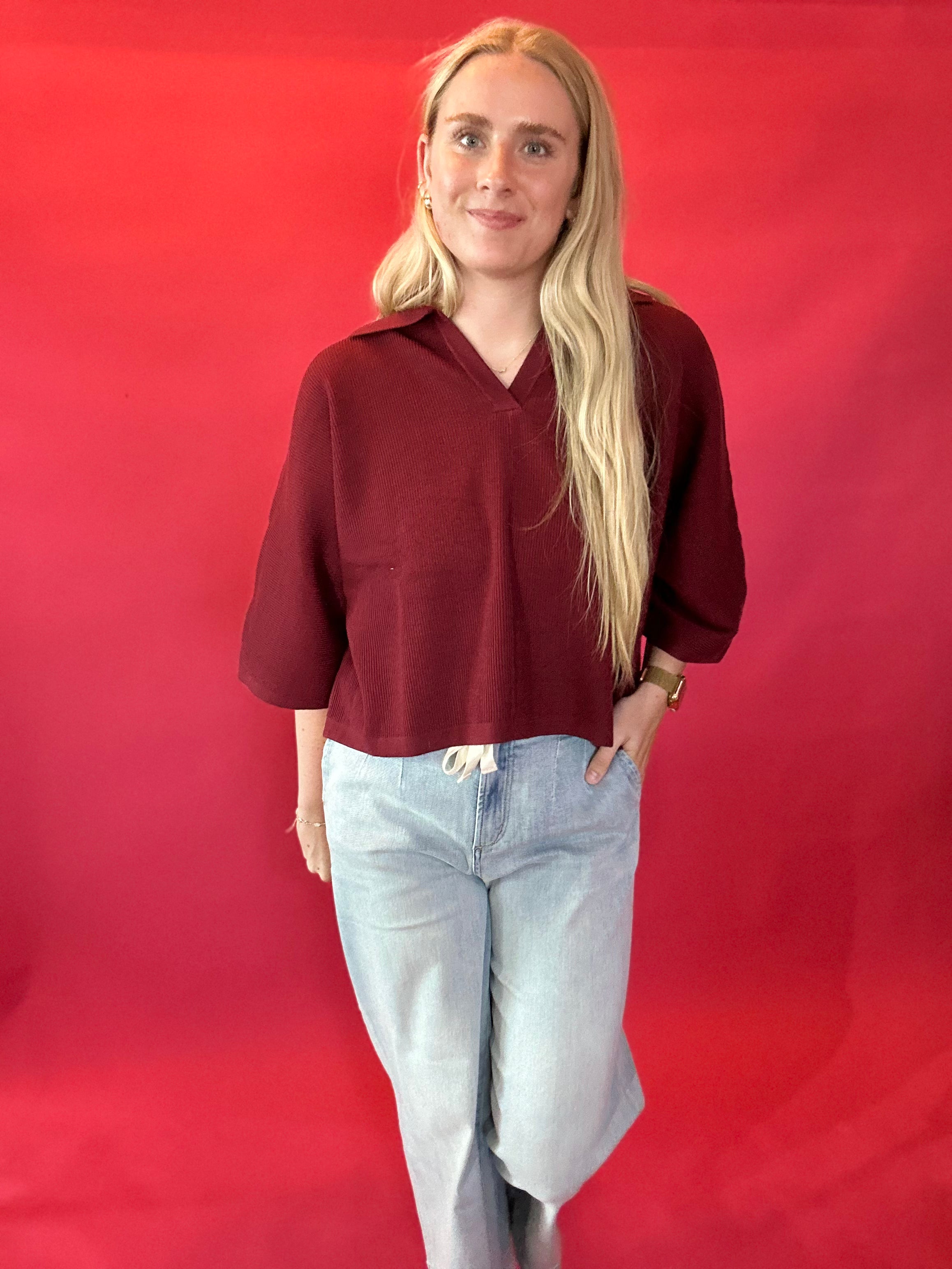 Everyday Ease V-Neck Knit Top in Burgundy