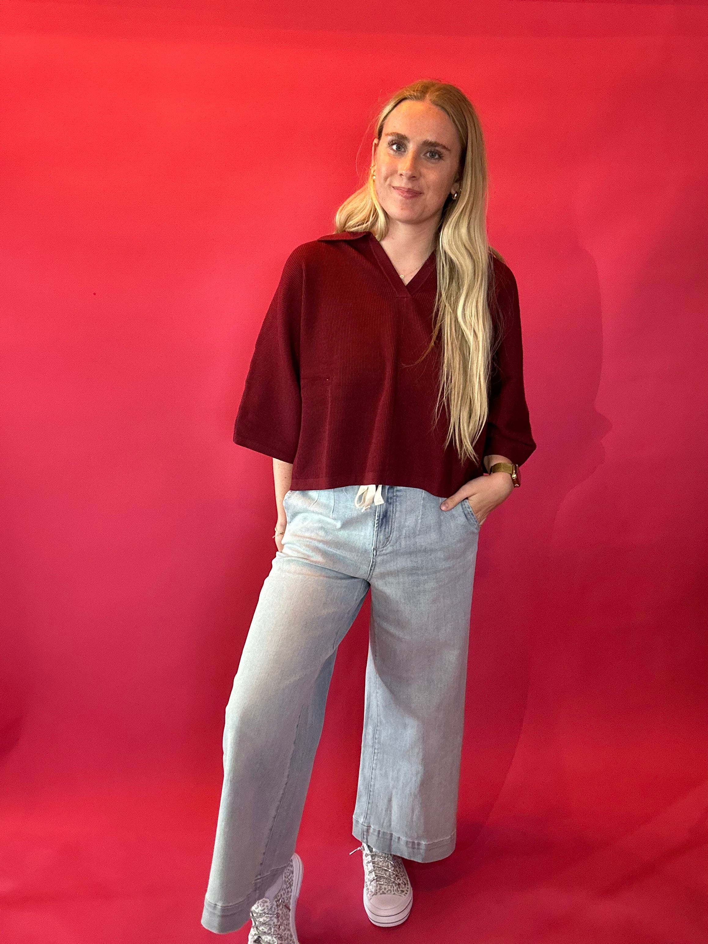 Everyday Ease V-Neck Knit Top in Burgundy
