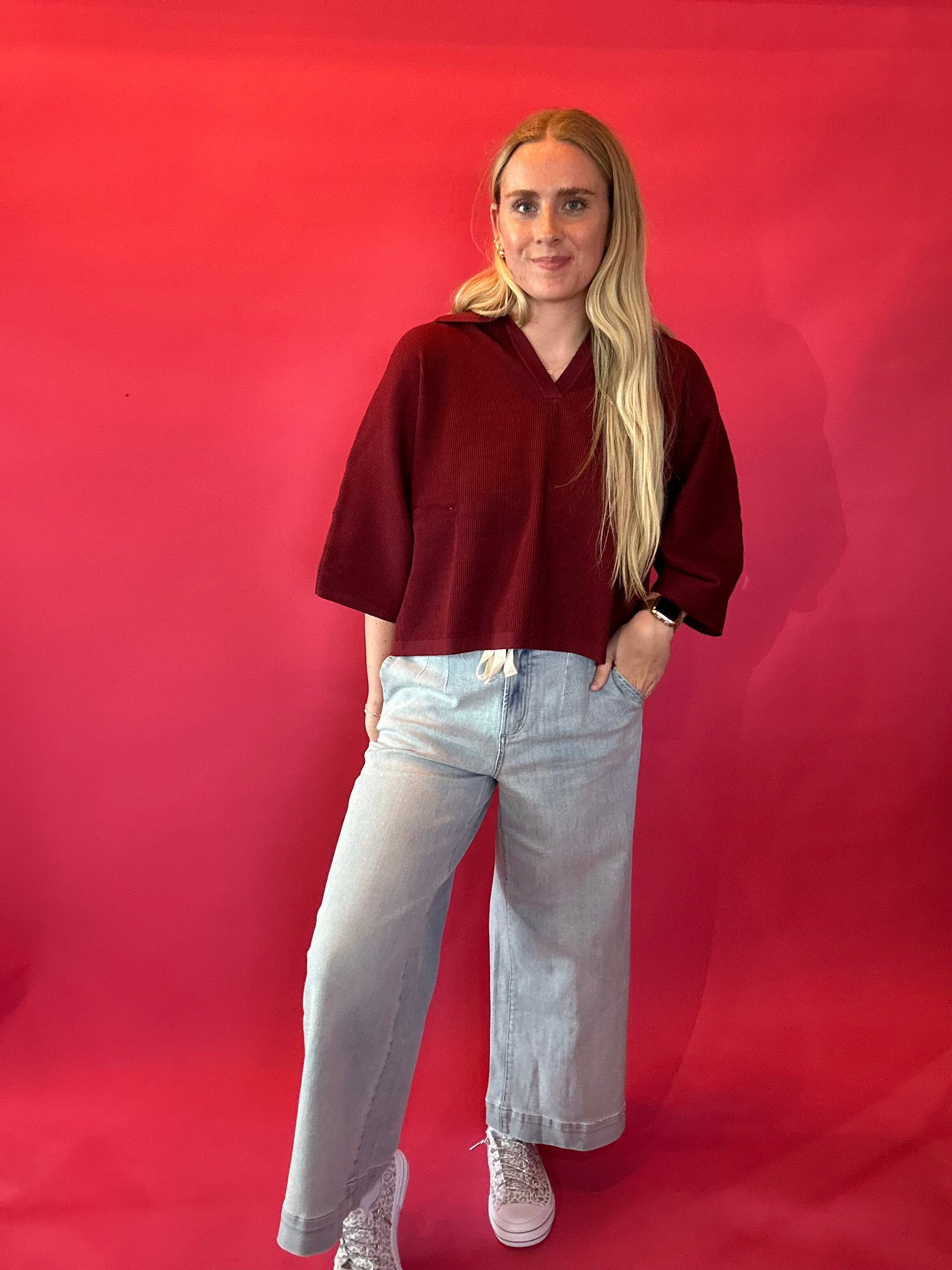 Everyday Ease V-Neck Knit Top in Burgundy