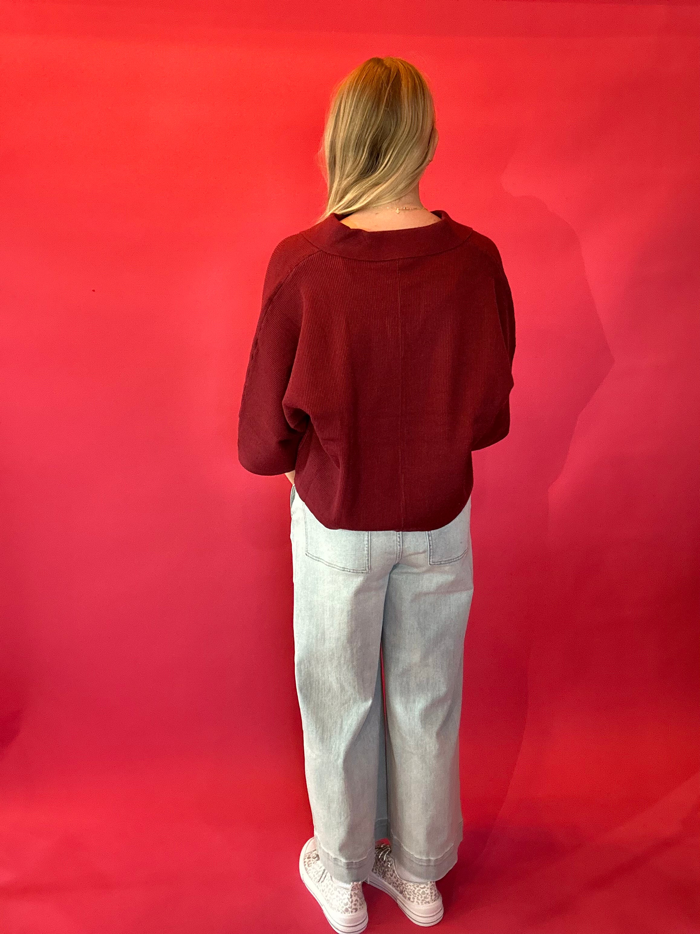 Everyday Ease V-Neck Knit Top in Burgundy