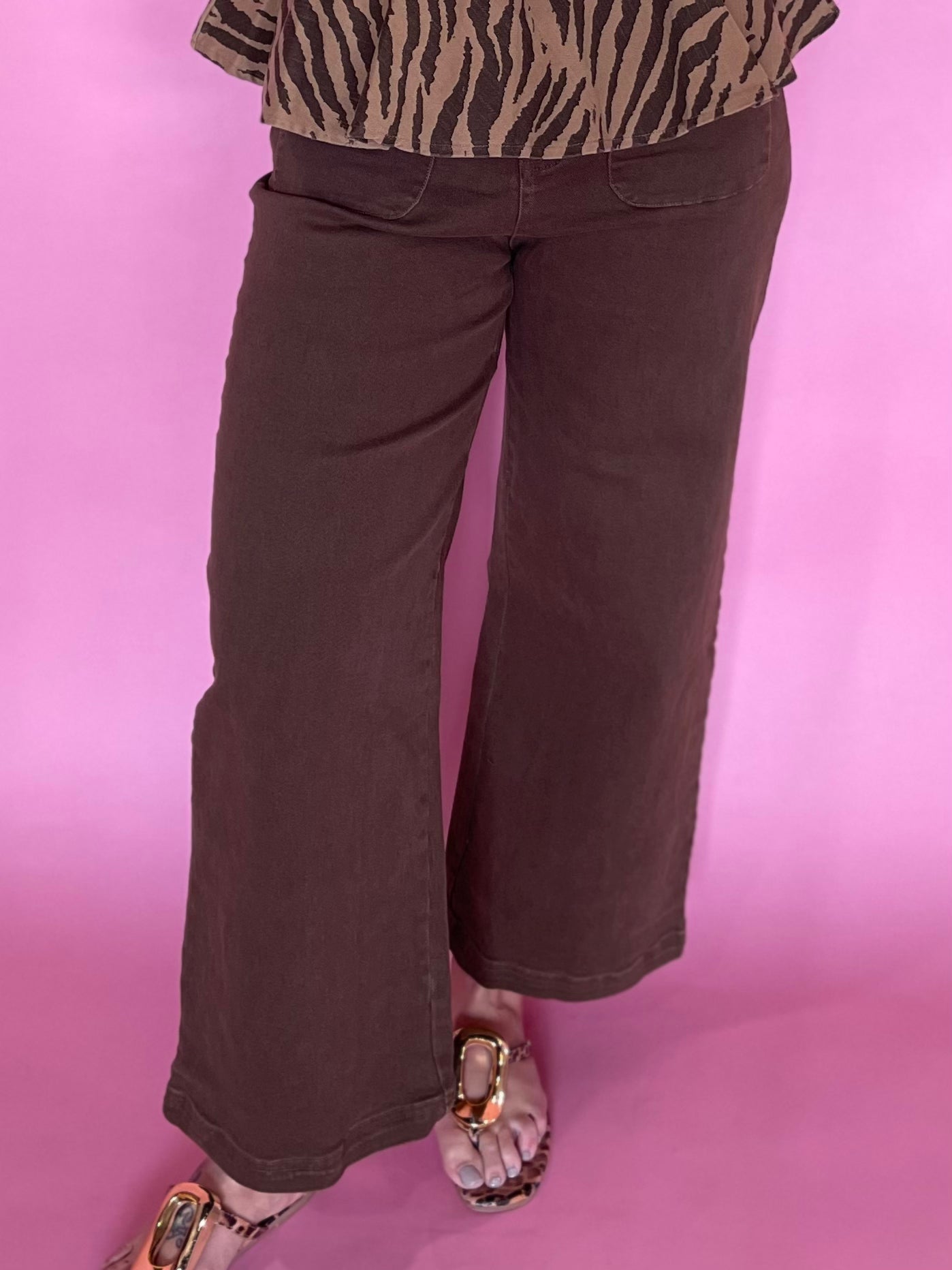 Flowy brown wide-leg pants from Shabby 2 Chic Boutiques, available in sizes small through large