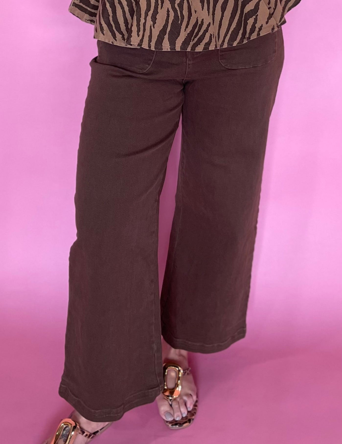 Flowy brown wide-leg pants from Shabby 2 Chic Boutiques, available in sizes small through large