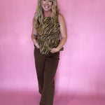 Brown flowy wide-leg pants with an easy, comfortable drape through the leg