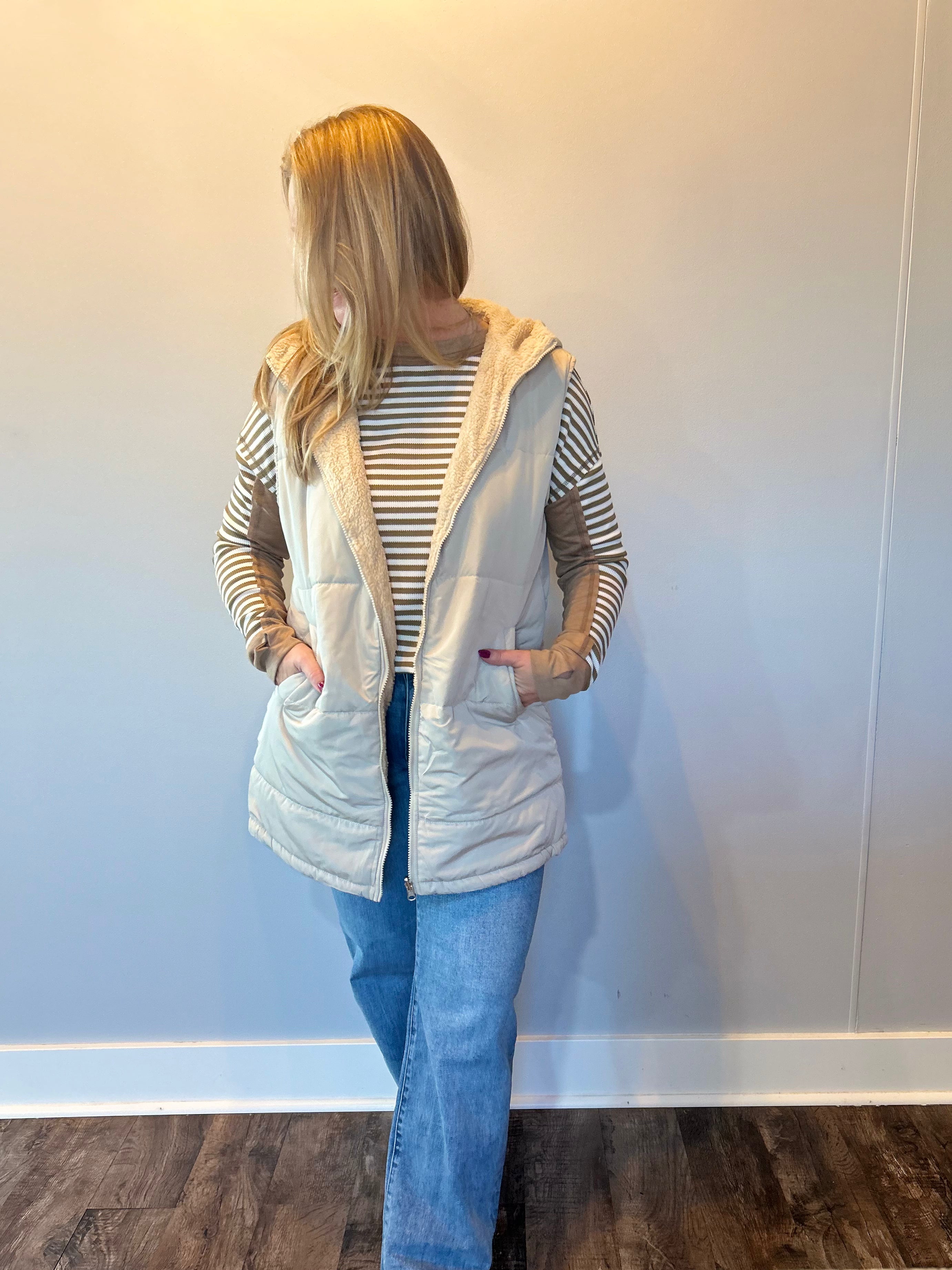 Faux Fur Trim Zip-Up Coat in Beige