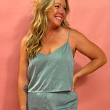 Fiore Crinkle Satin Tank in Sea Pine
