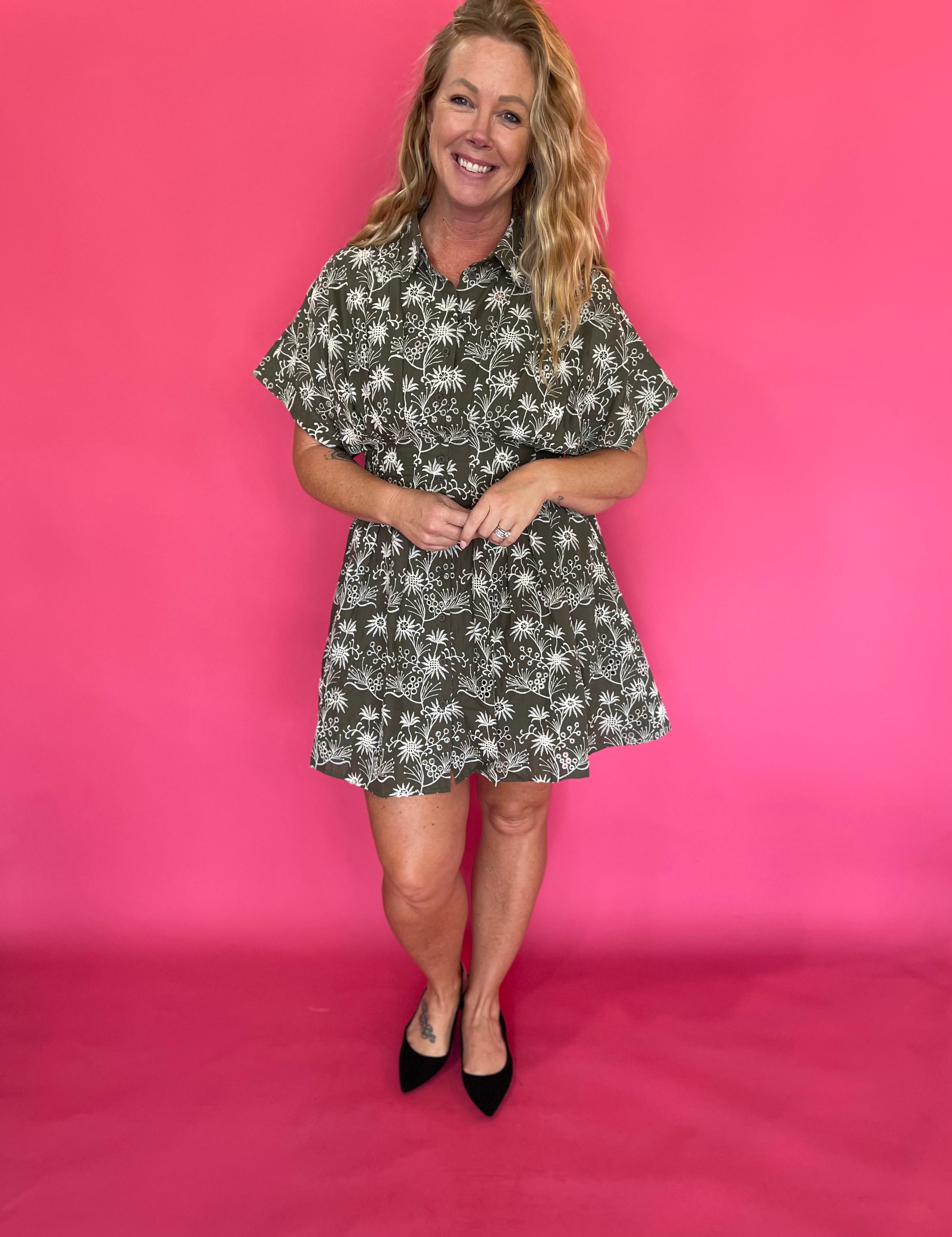 Floral Embroidered Cinched Waist Dress in Olive