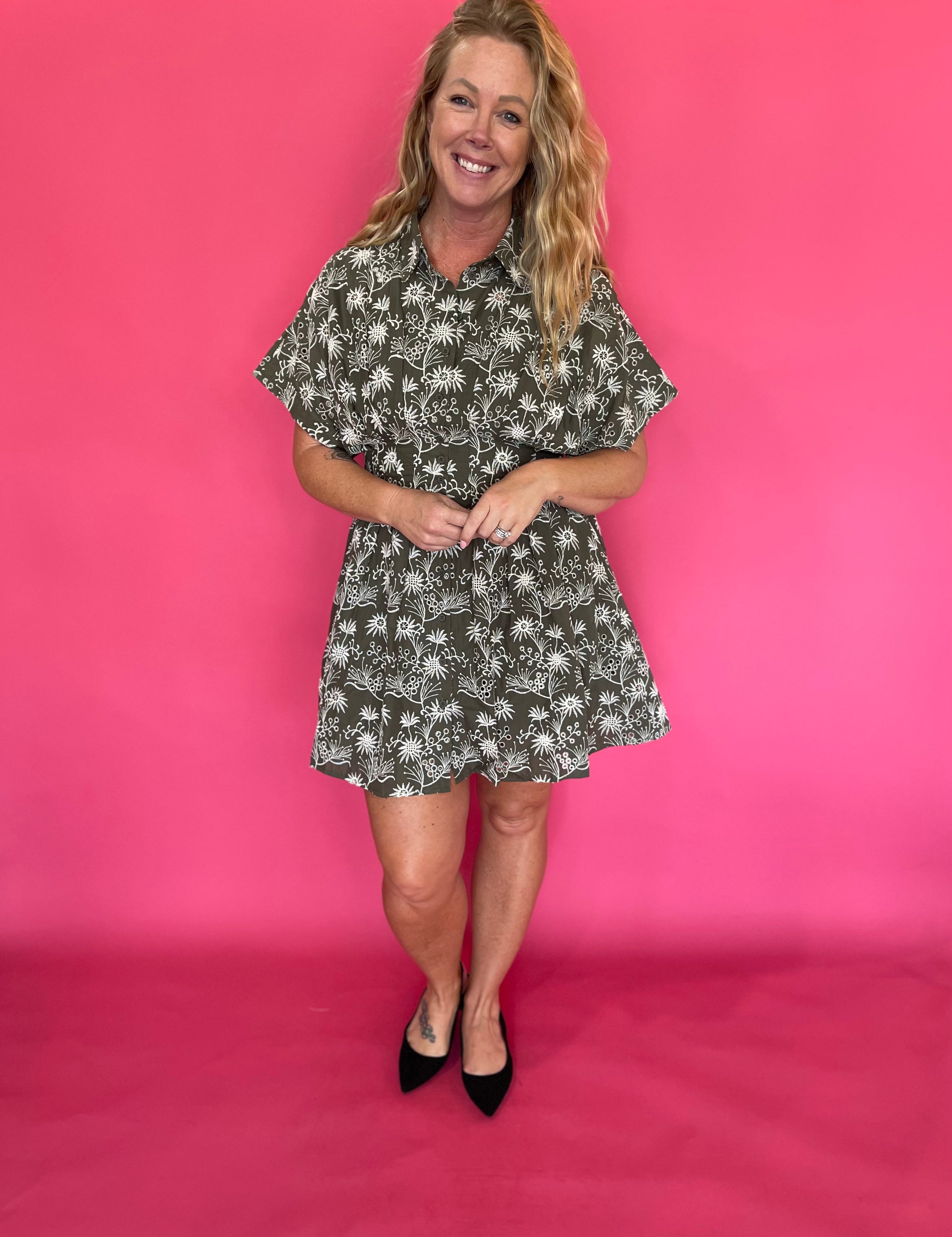 Floral Embroidered Cinched Waist Dress in Olive