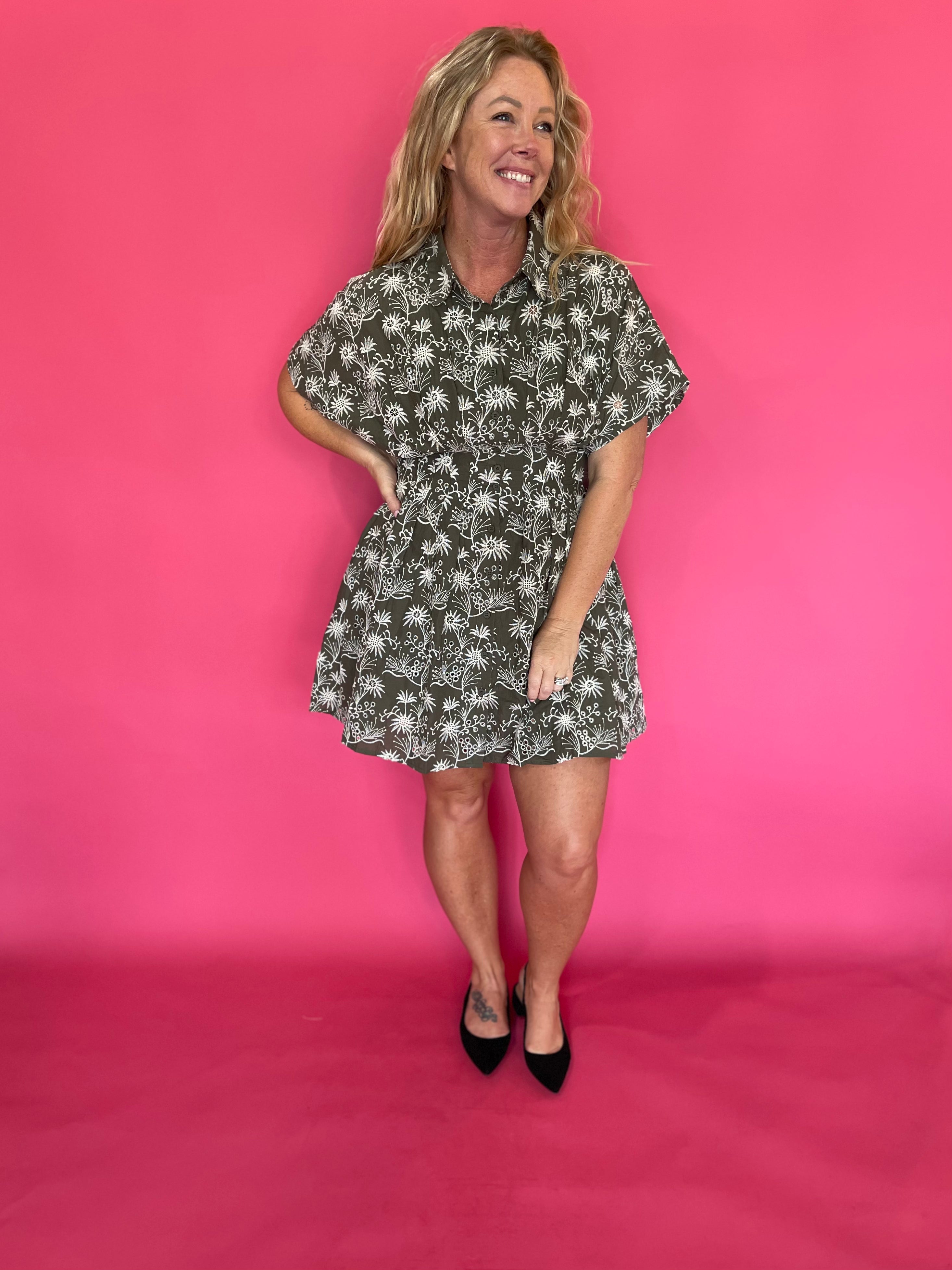 Floral Embroidered Cinched Waist Dress in Olive
