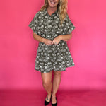 Floral Embroidered Cinched Waist Dress in Olive