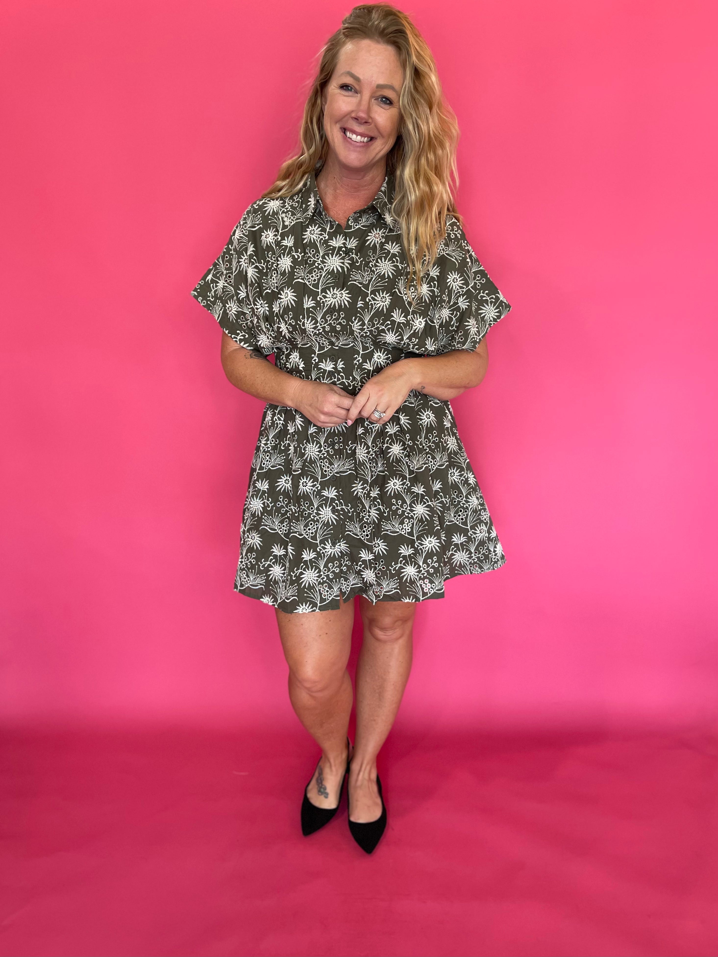 Floral Embroidered Cinched Waist Dress in Olive