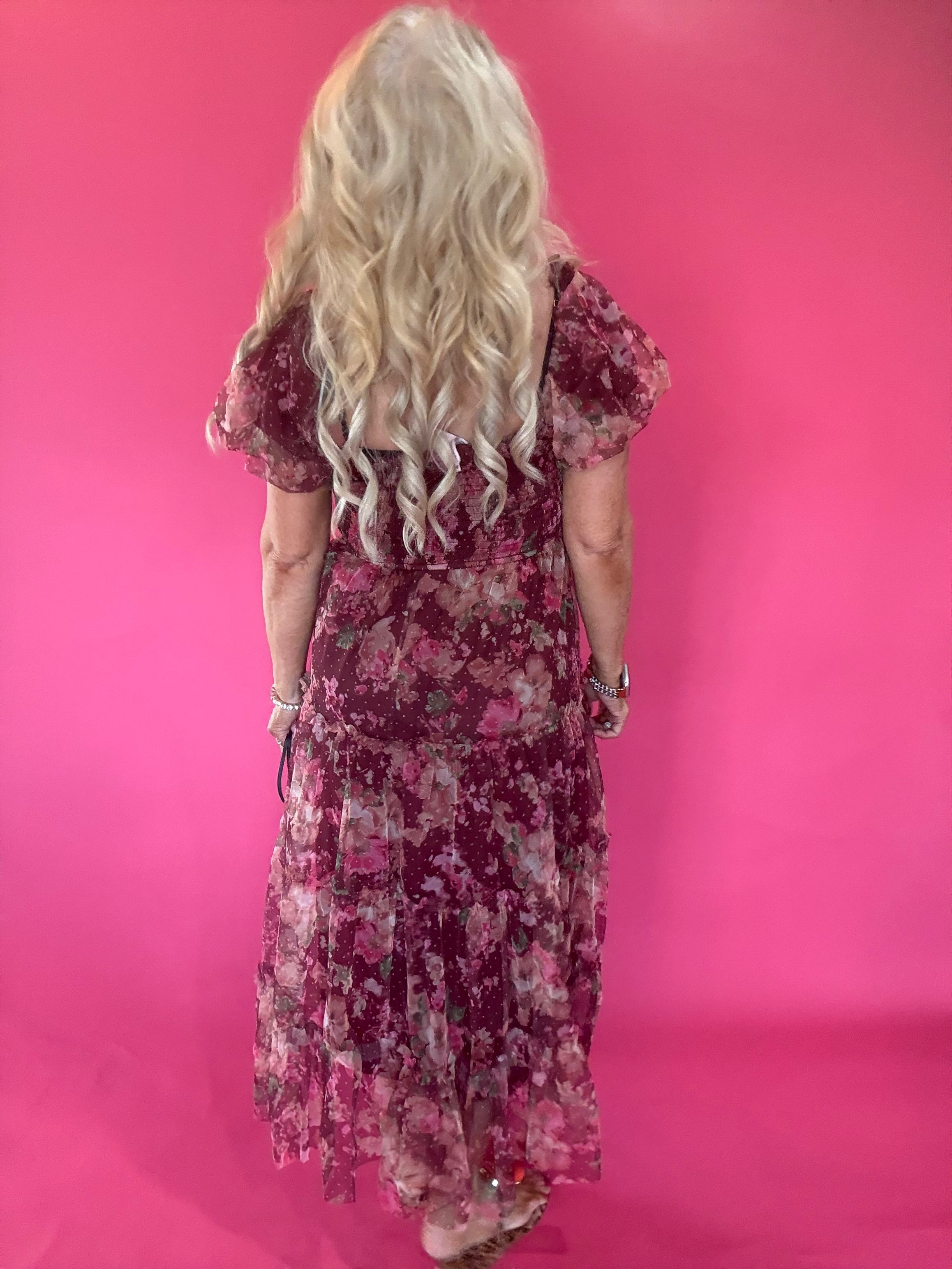 Floral Polka Dot Tulle Puff Sleeve Midi Dress