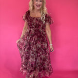 Floral Polka Dot Tulle Puff Sleeve Midi Dress