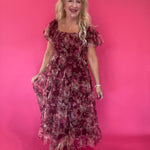 Floral Polka Dot Tulle Puff Sleeve Midi Dress