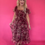 Floral Polka Dot Tulle Puff Sleeve Midi Dress