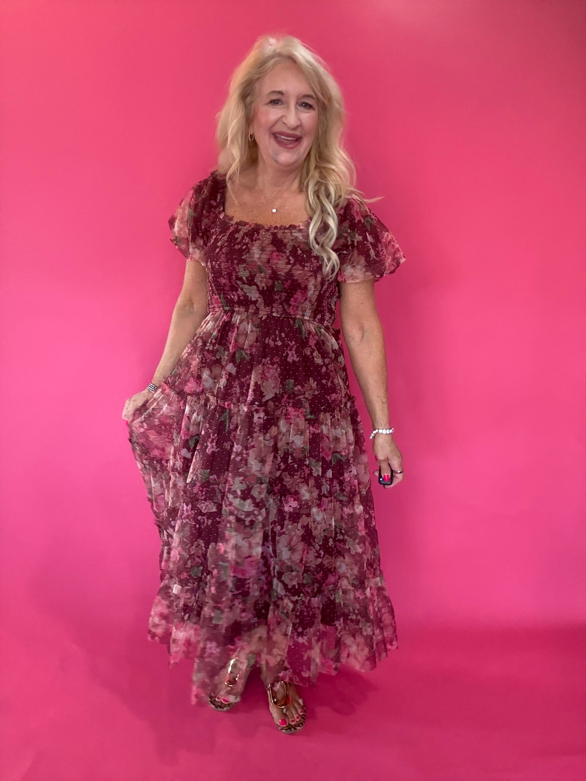 Floral Polka Dot Tulle Puff Sleeve Midi Dress