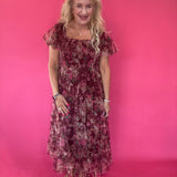 Floral Polka Dot Tulle Puff Sleeve Midi Dress