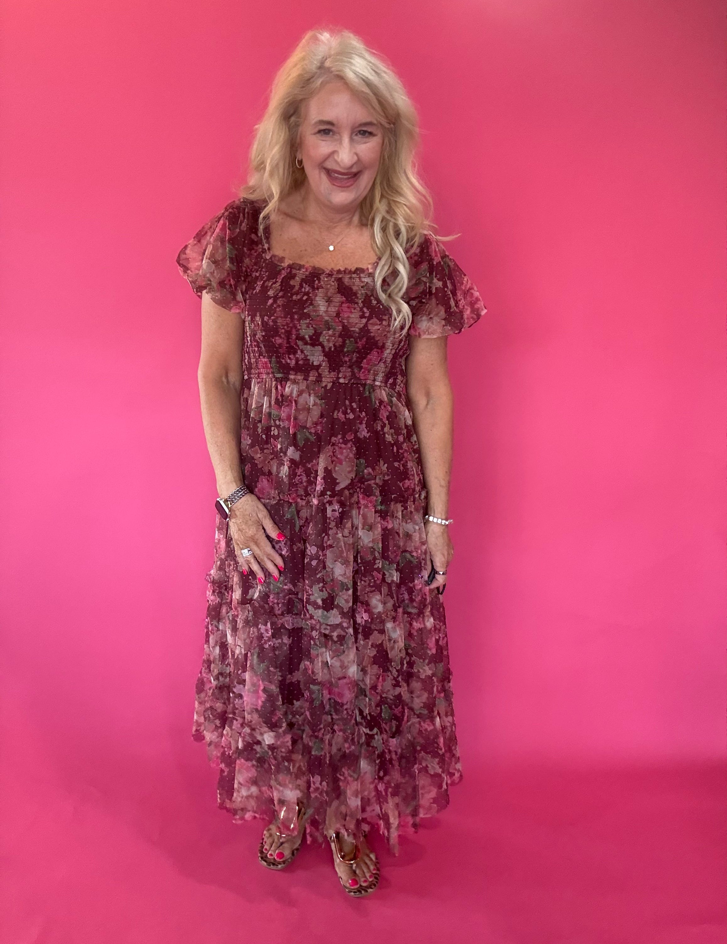 Floral Polka Dot Tulle Puff Sleeve Midi Dress