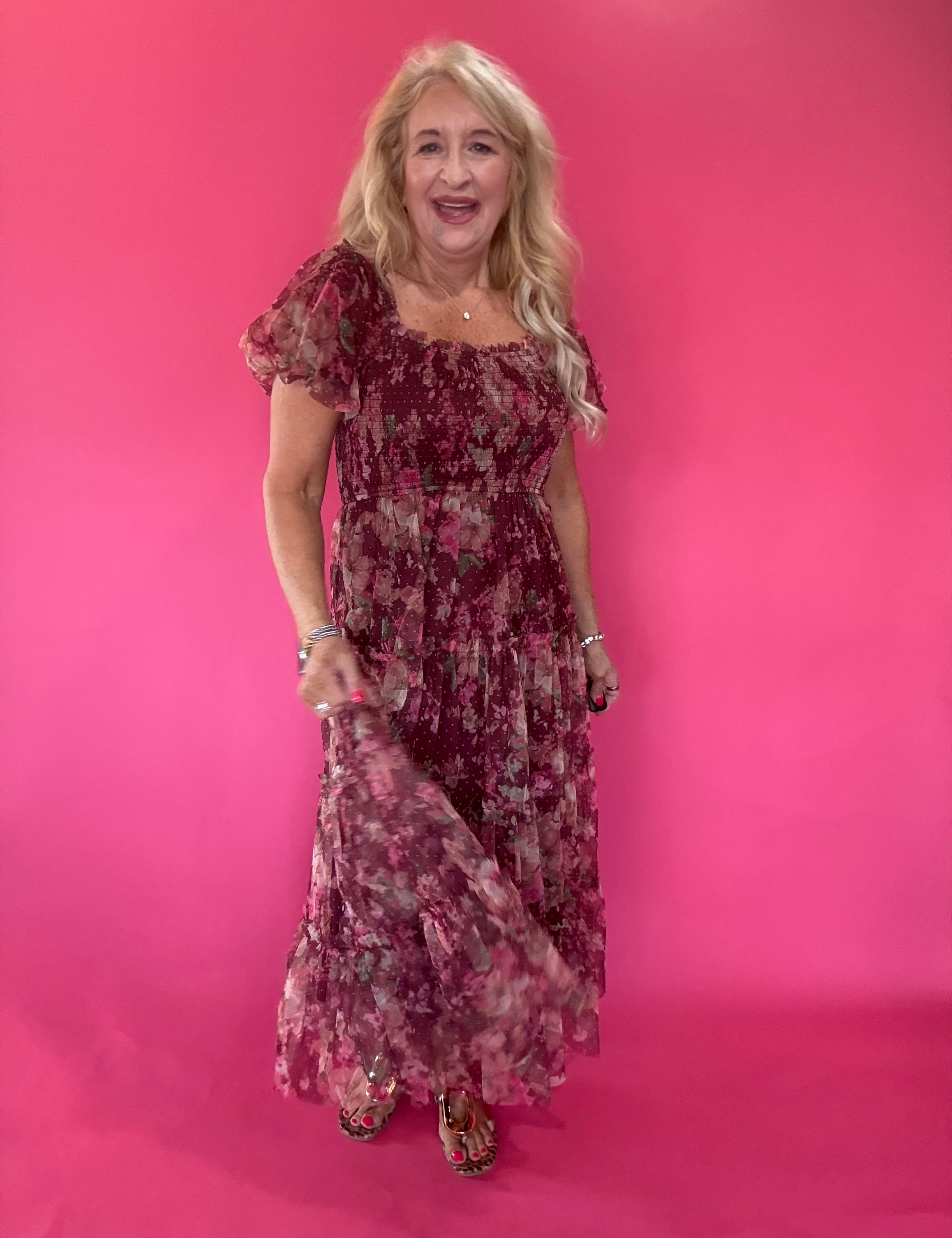 Floral Polka Dot Tulle Puff Sleeve Midi Dress