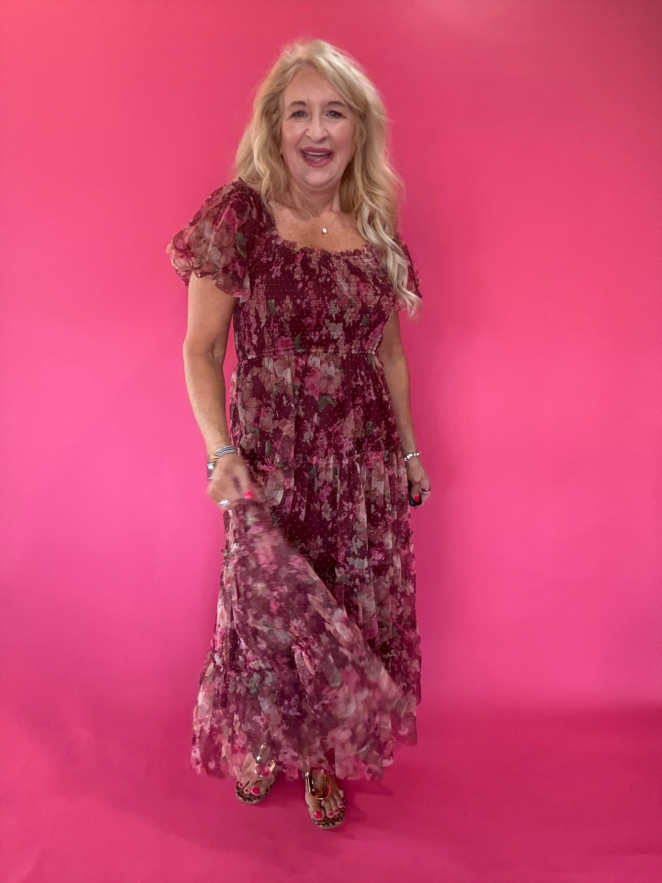 Floral Polka Dot Tulle Puff Sleeve Midi Dress