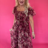 Floral Polka Dot Tulle Puff Sleeve Midi Dress