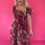Floral Polka Dot Tulle Puff Sleeve Midi Dress