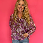 Floral Printed Button Down Blouse in Orchid Brown