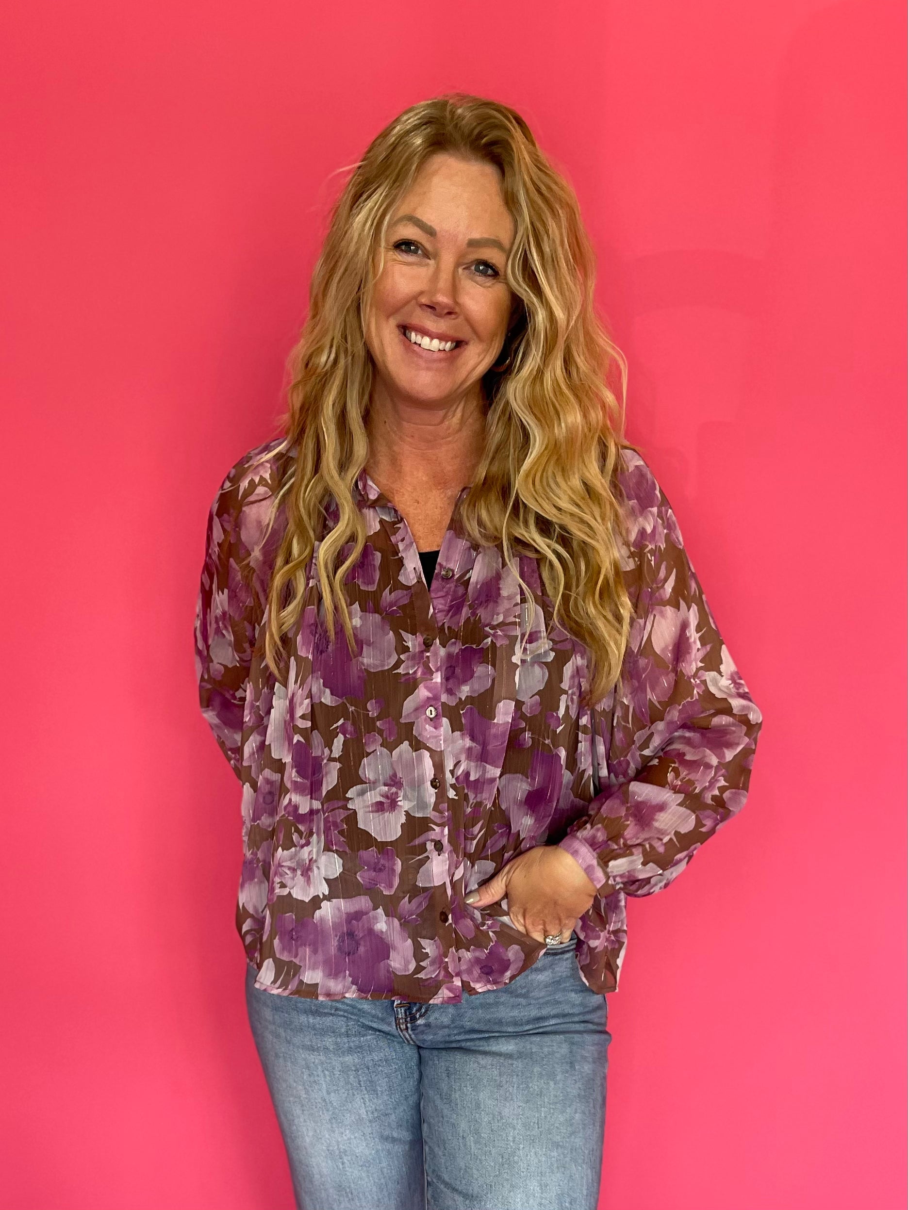 Floral Printed Button Down Blouse in Orchid Brown