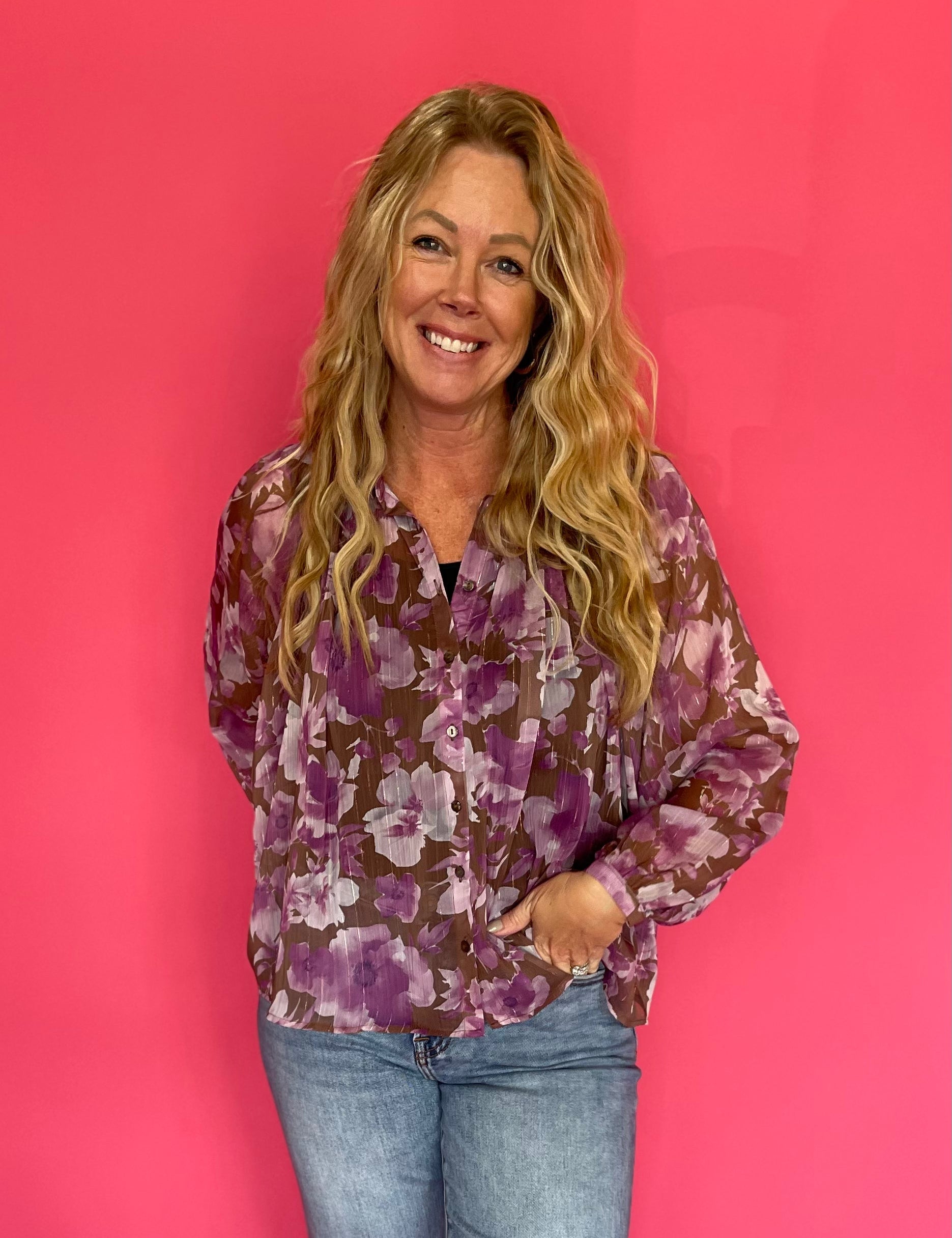 Floral Printed Button Down Blouse in Orchid Brown
