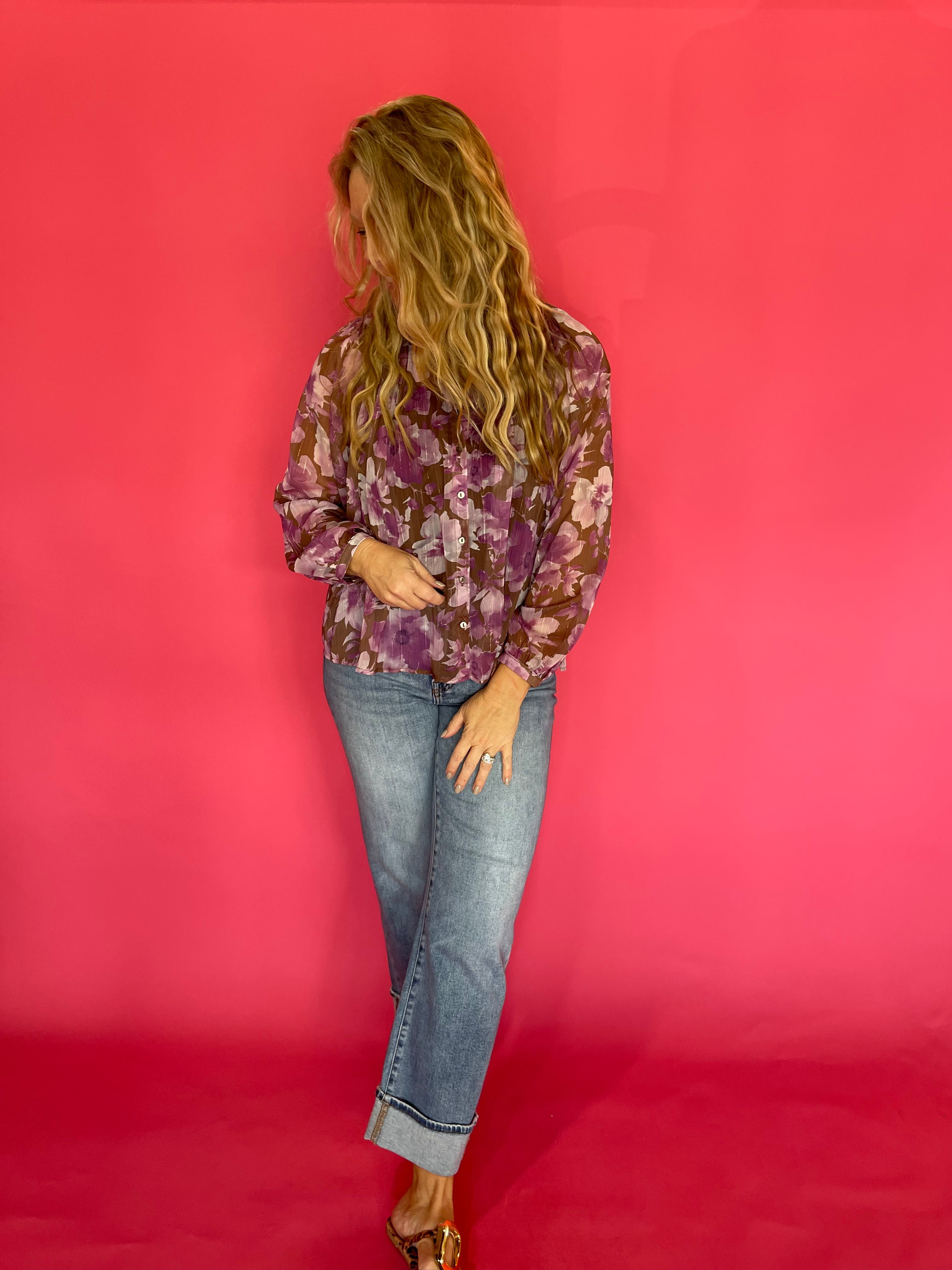 Floral Printed Button Down Blouse in Orchid Brown