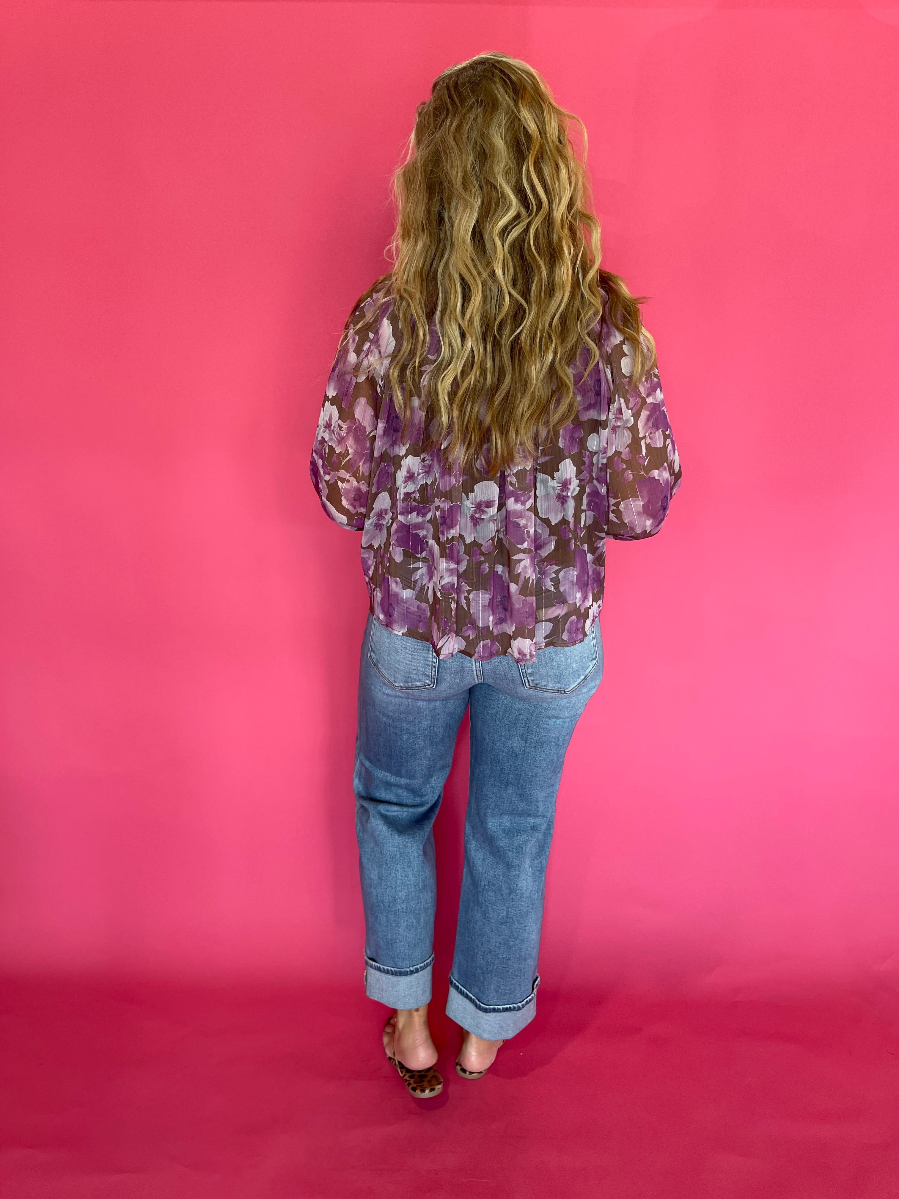 Floral Printed Button Down Blouse in Orchid Brown