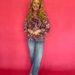 Floral Printed Button Down Blouse in Orchid Brown