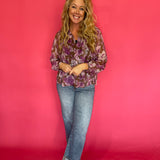 Floral Printed Button Down Blouse in Orchid Brown