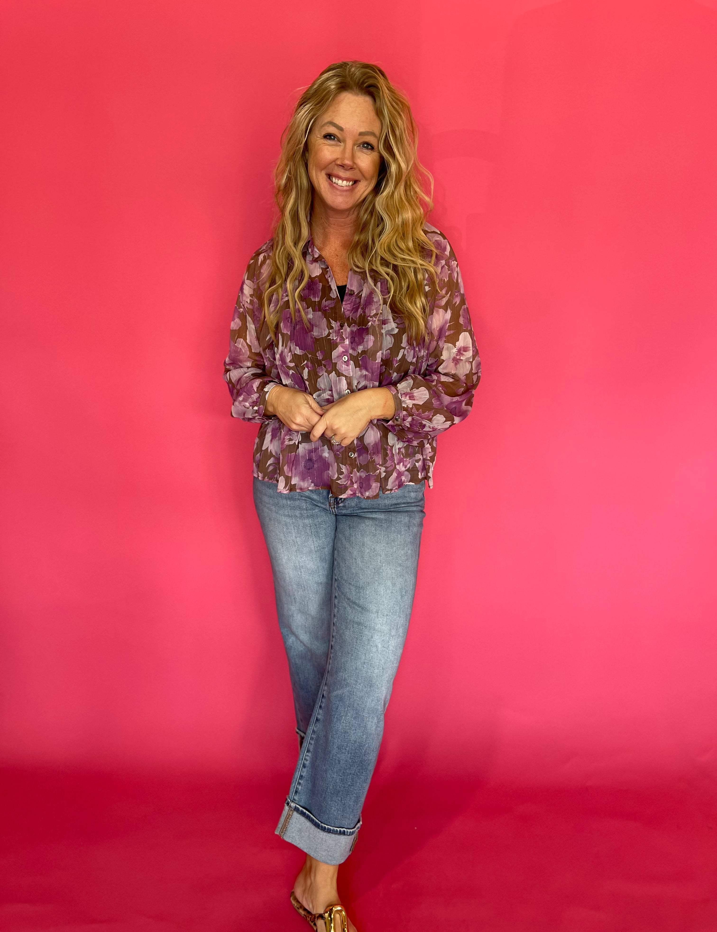 Floral Printed Button Down Blouse in Orchid Brown