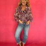 Floral Printed Button Down Blouse in Orchid Brown
