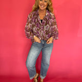Floral Printed Button Down Blouse in Orchid Brown